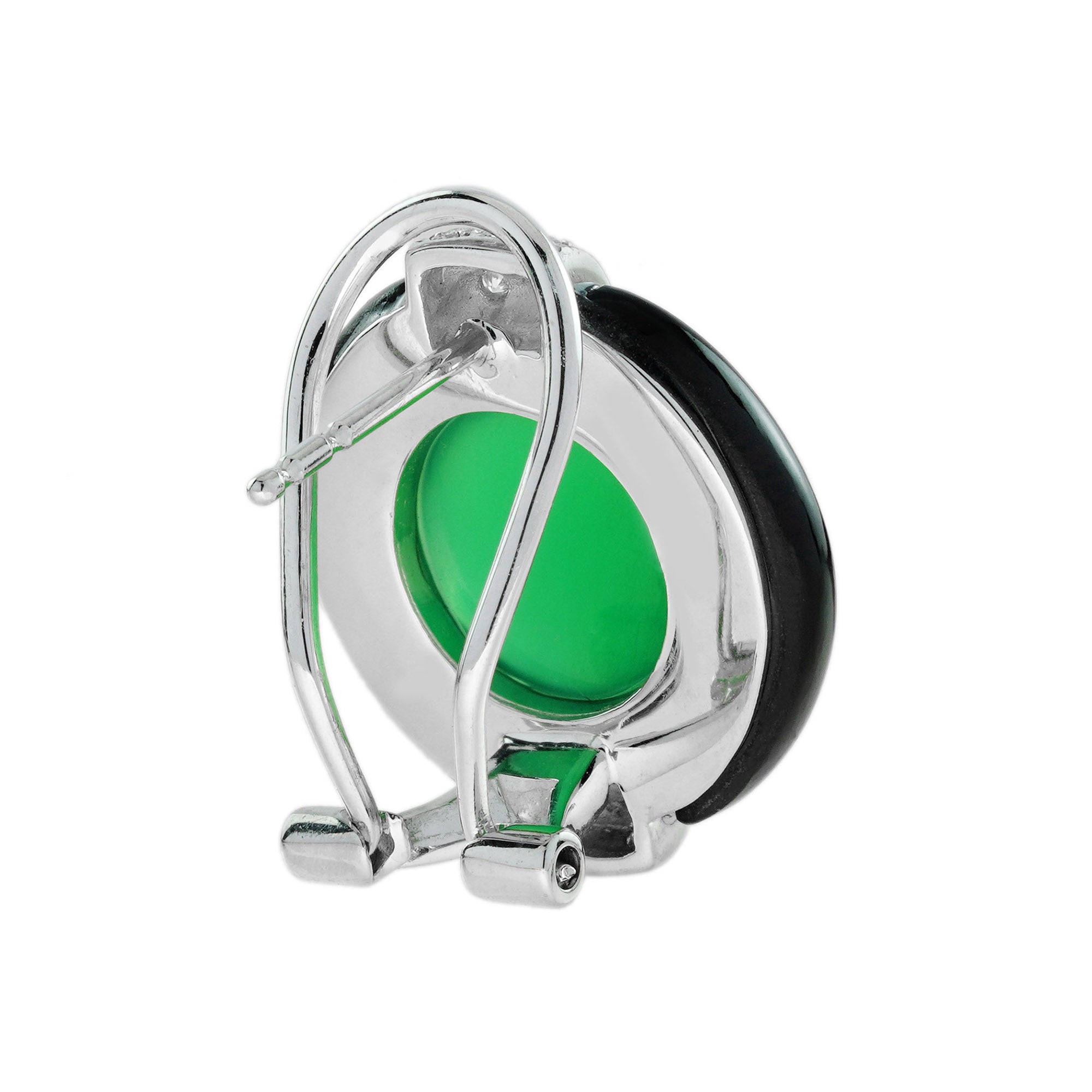 Green Agate Onyx Diamond Art Deco Style Omega 18K White Gold Earrings