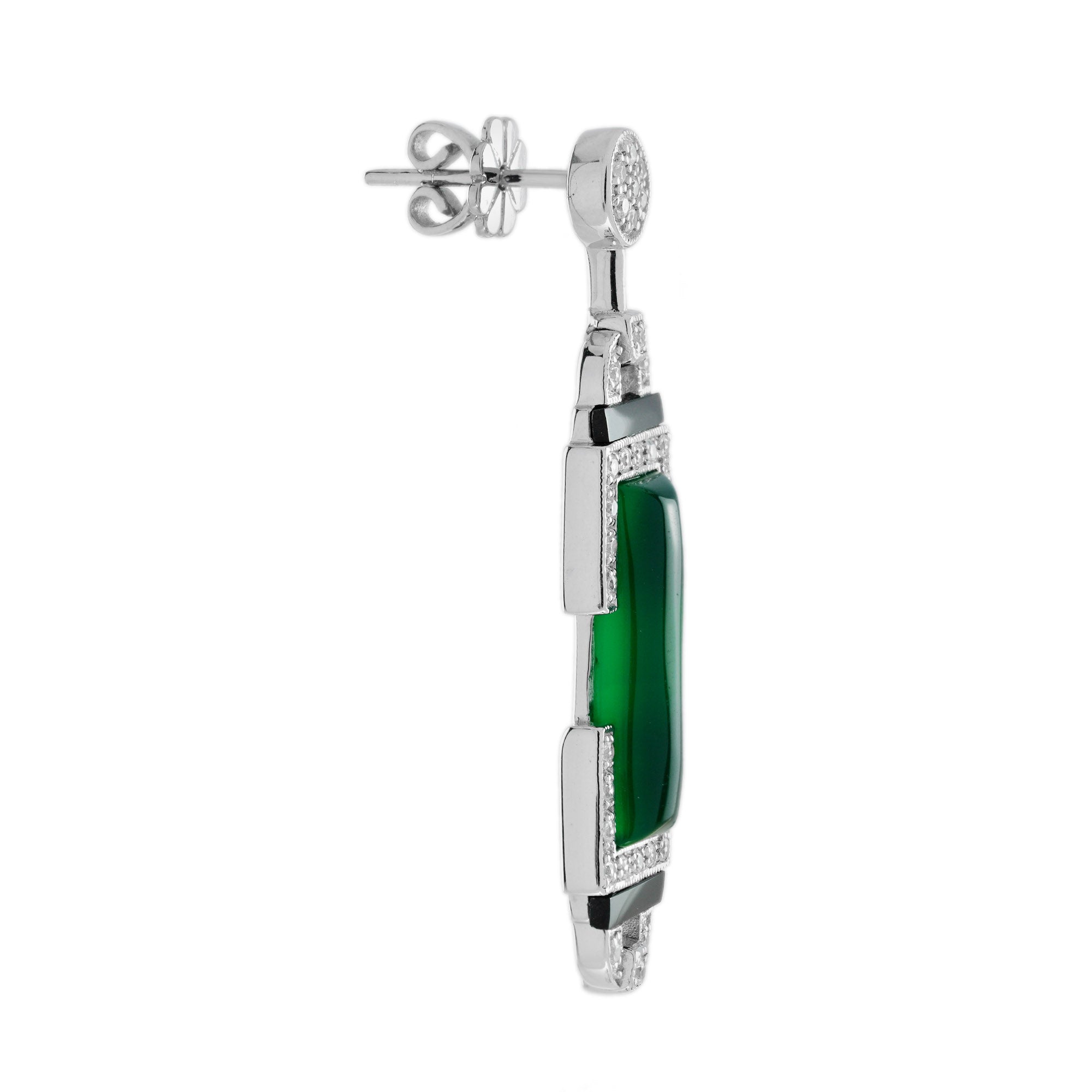 Green Agate Onyx Diamond Art Deco Style Drop 14K White Gold Drop Earrings