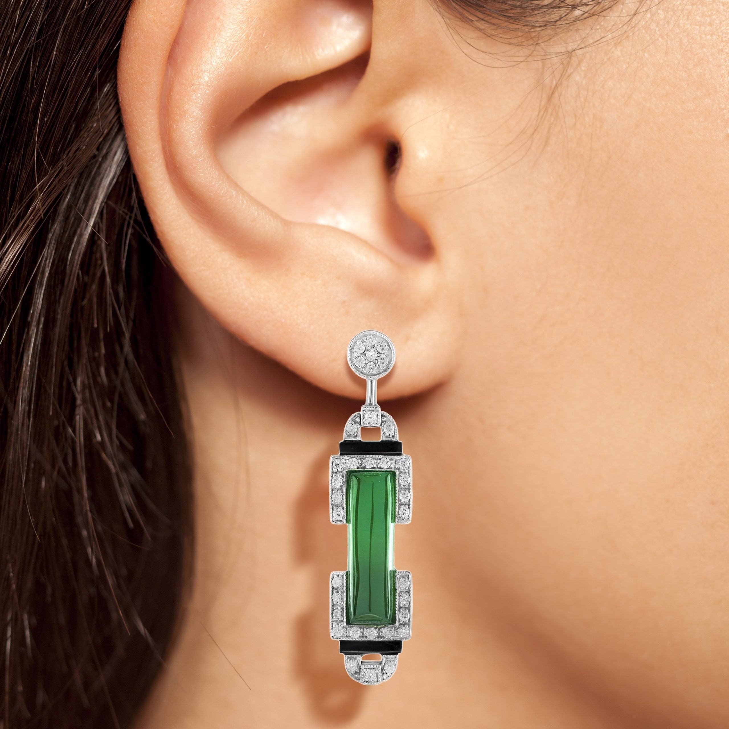 Green Agate Onyx Diamond Art Deco Style Drop 14K White Gold Drop Earrings