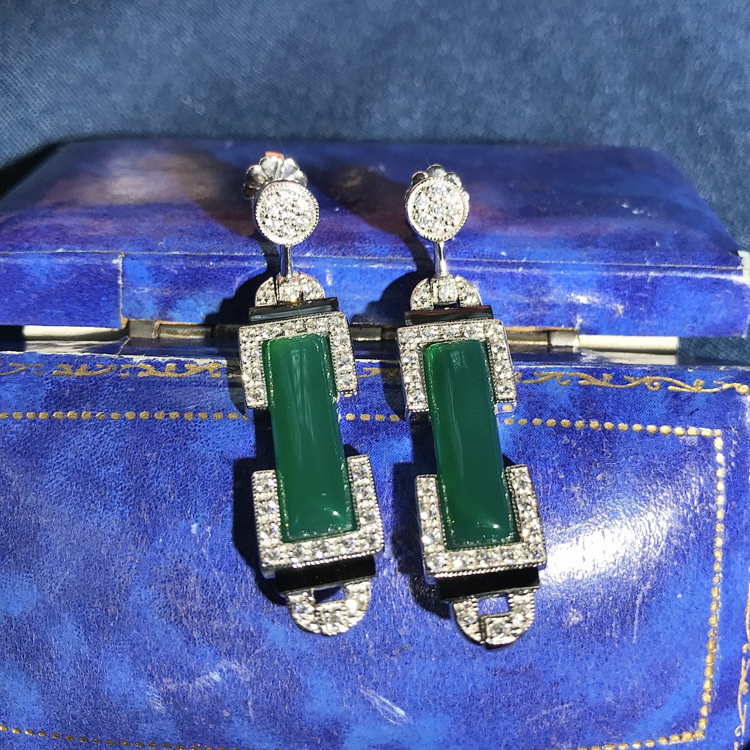 Green Agate Onyx Diamond Art Deco Style Drop 14K White Gold Drop Earrings