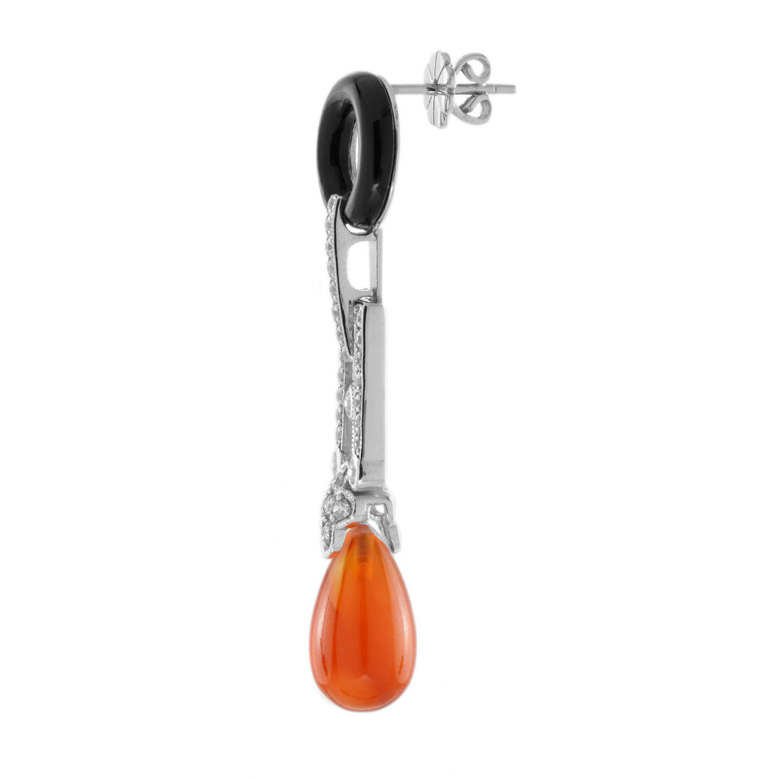 Red Orange Carnelian Diamond Onyx Art Deco Style Drop 14K White Gold Earrings