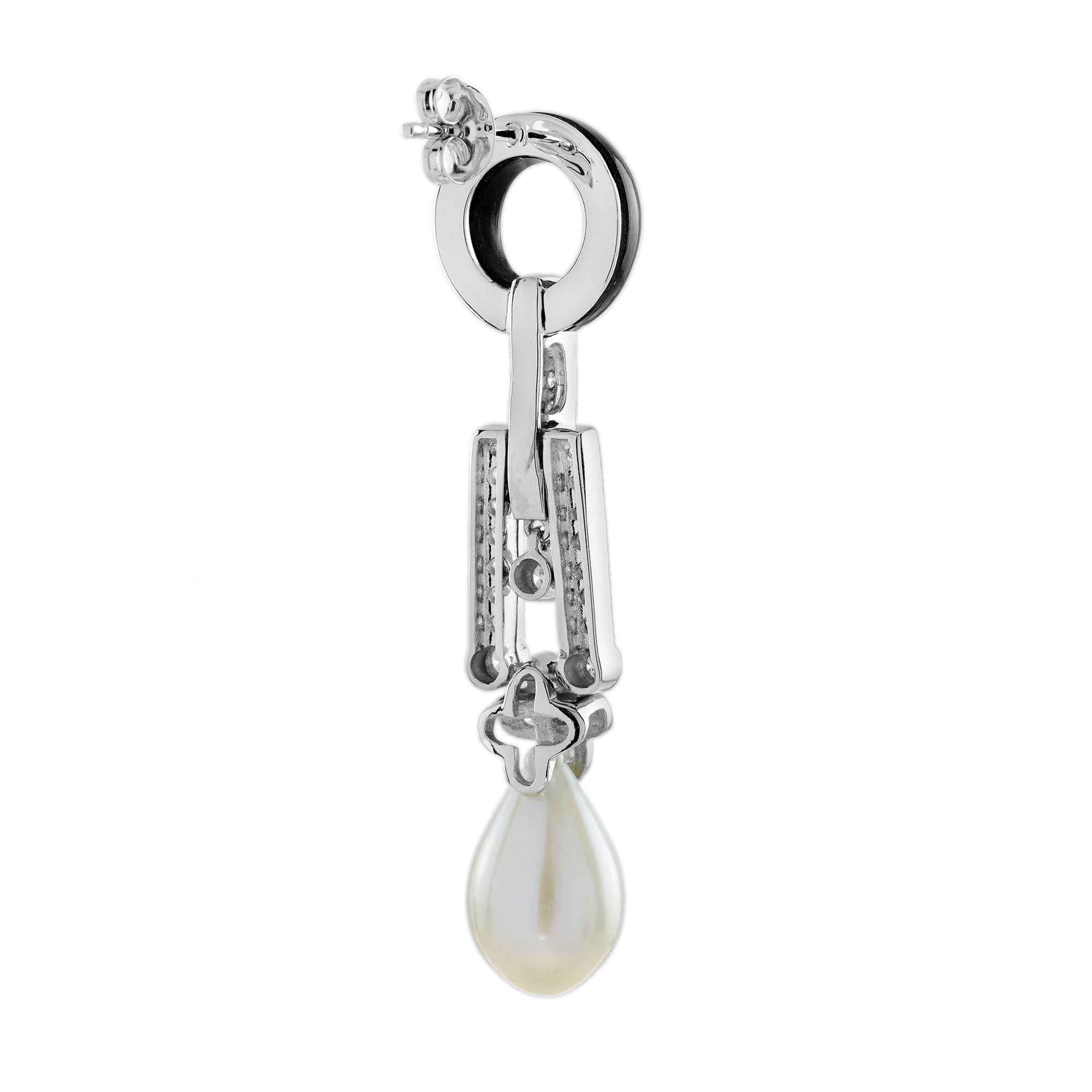 Pearl & Black Onyx Diamond Art Deco Style Drop White Gold Earrings