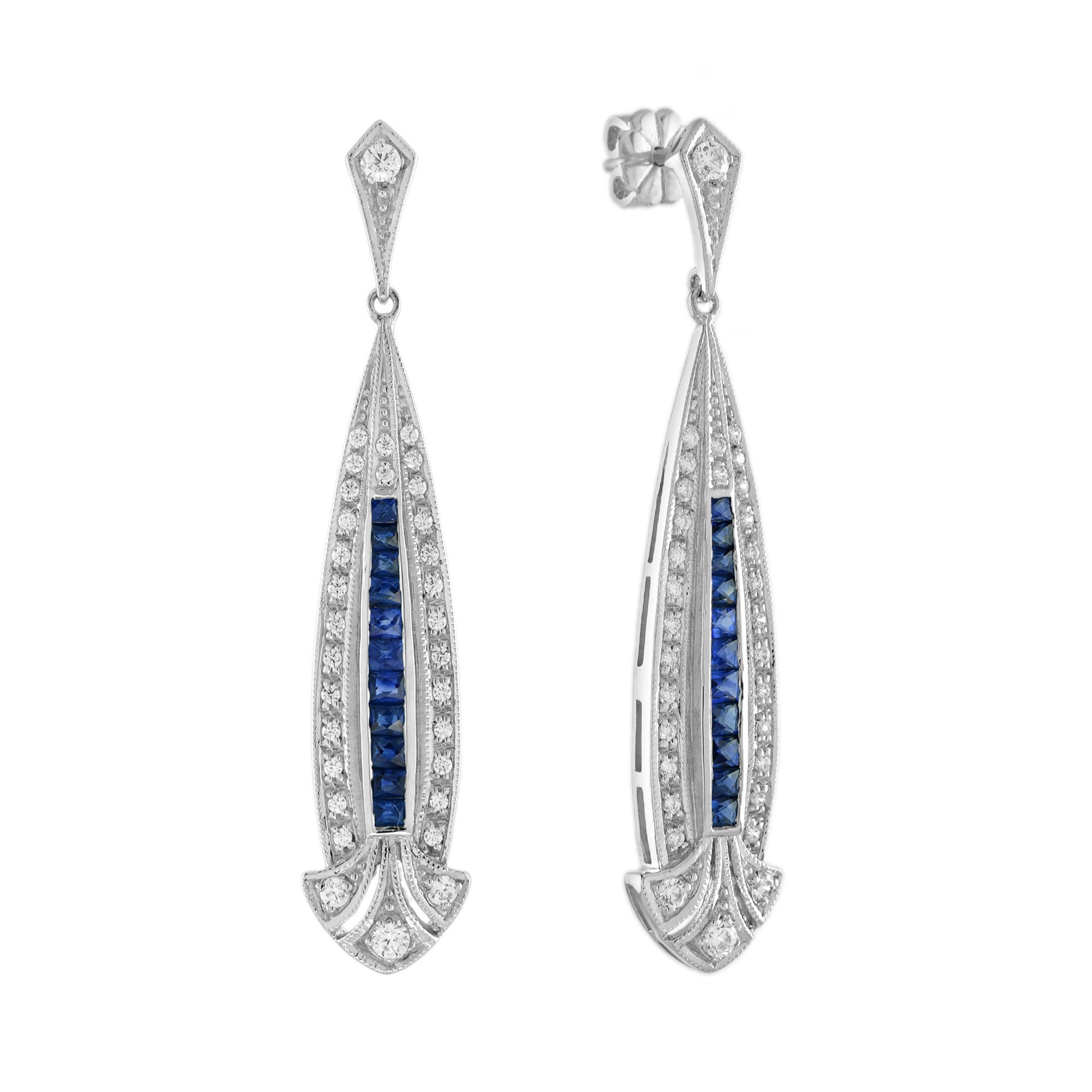 Blue Sapphire & Diamond Art Deco Style Drop 14K White Gold Earrings