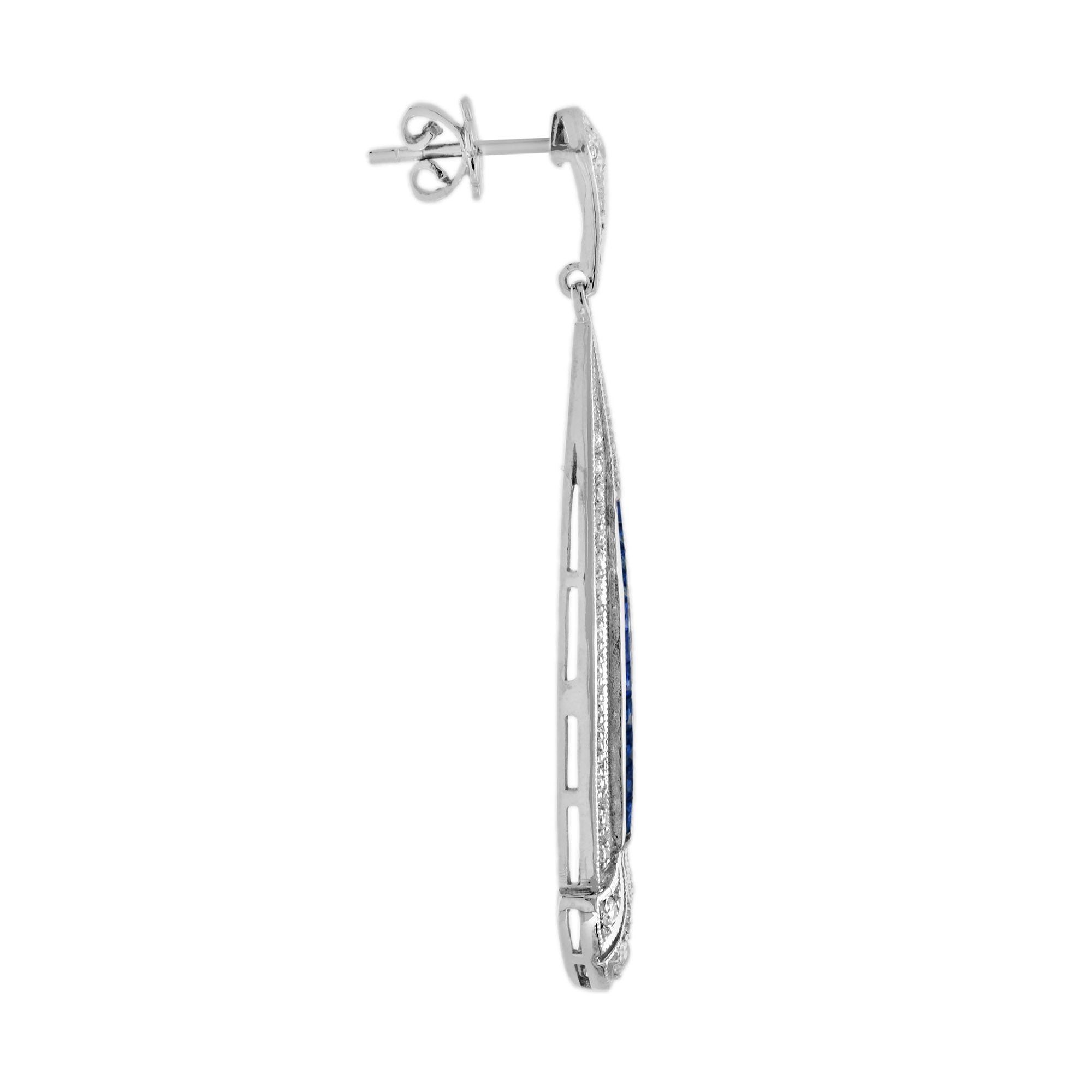 Blue Sapphire & Diamond Art Deco Style Drop 14K White Gold Earrings