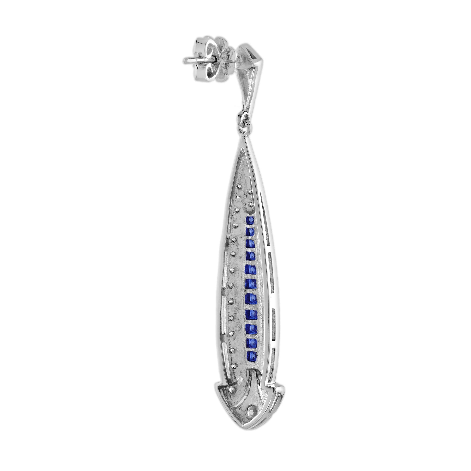 Blue Sapphire & Diamond Art Deco Style Drop 14K White Gold Earrings