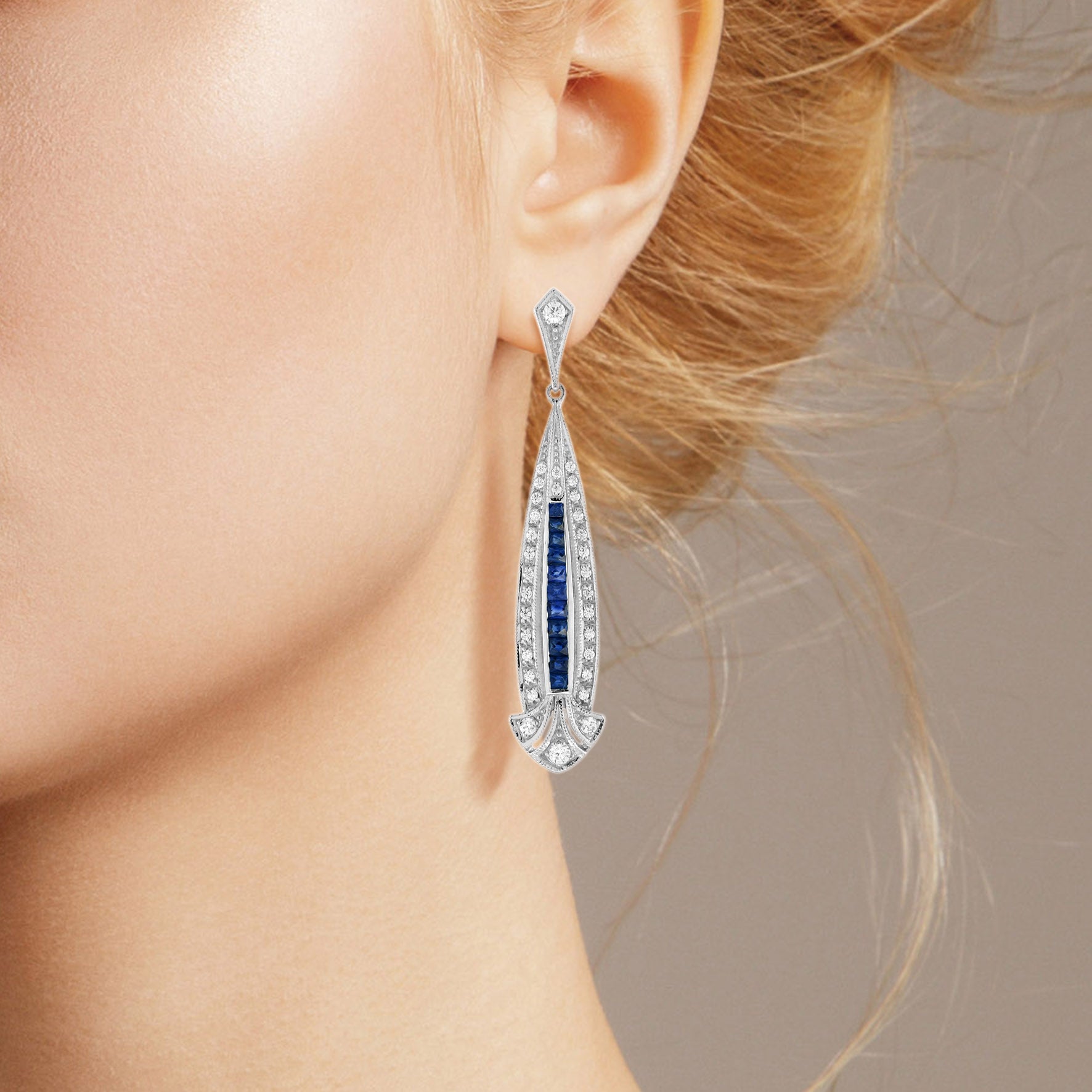 Blue Sapphire & Diamond Art Deco Style Drop 14K White Gold Earrings