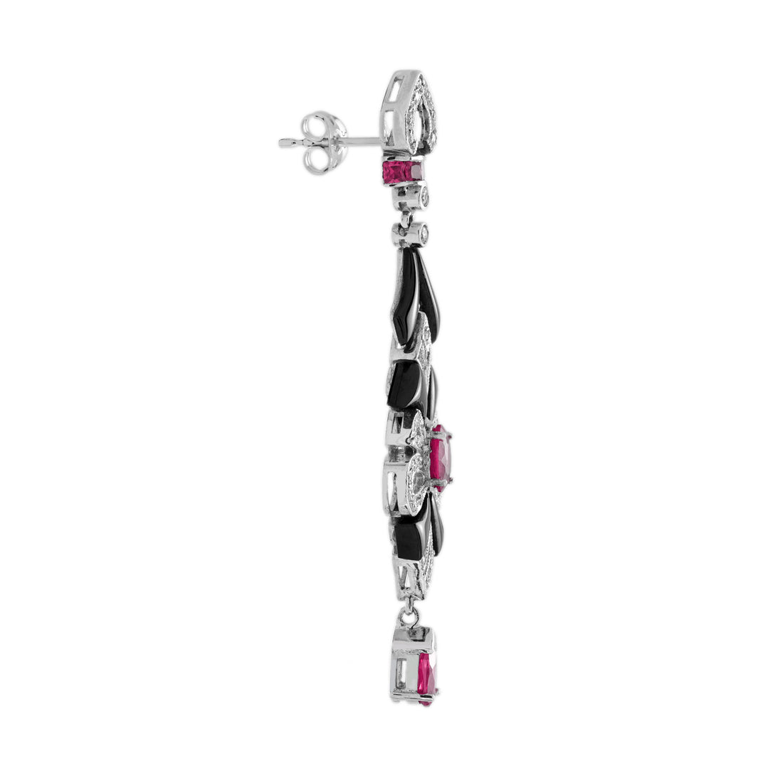 Ruby Onyx Diamond Art Deco Style Drop 14K White Gold Earrings