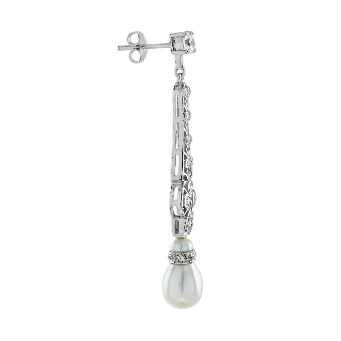 White Pearl & Diamond Vintage Style Drop 14K White Gold Earrings