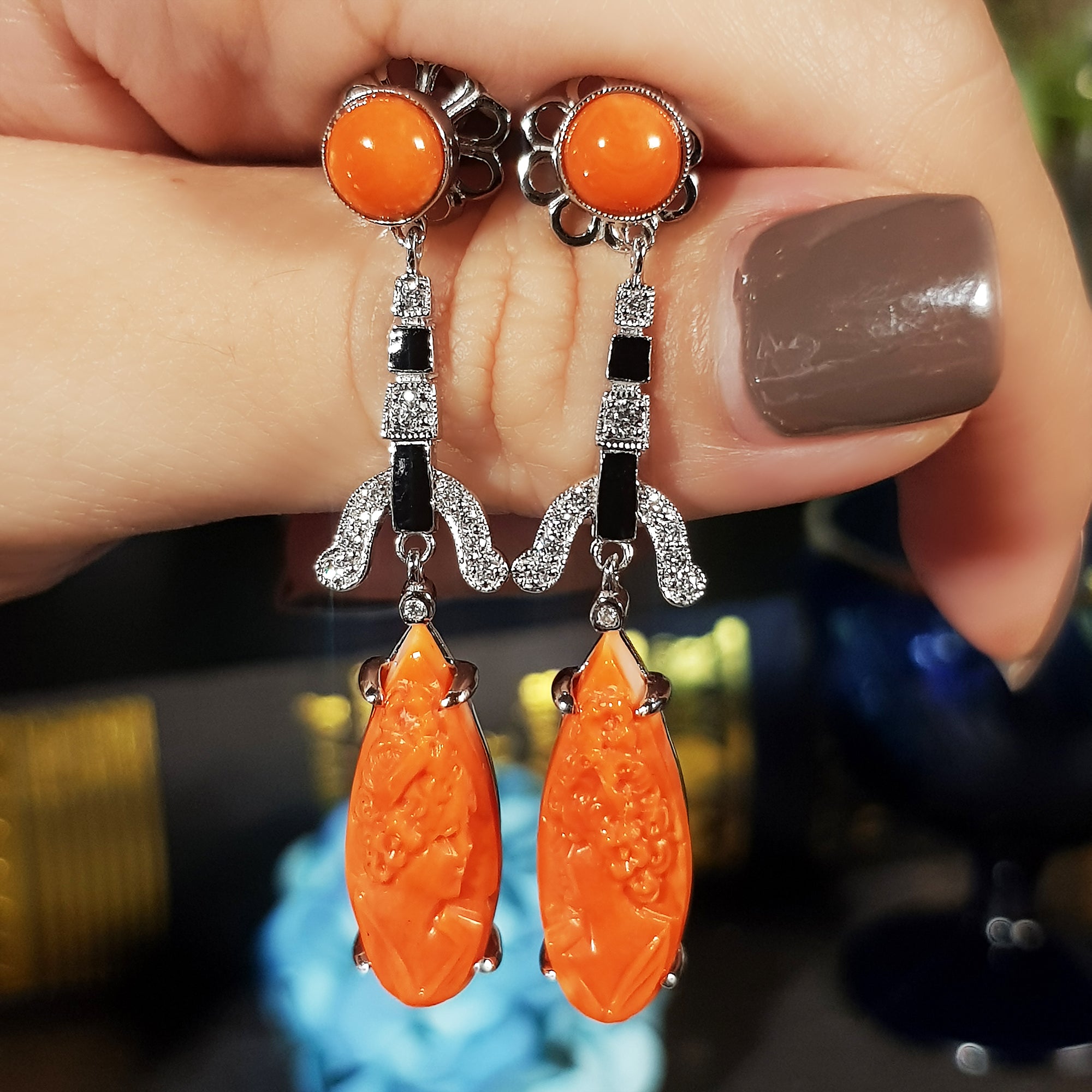 Carved Coral Diamond Emerald & Black Enamel Dangle Art Deco Inspired Earrings