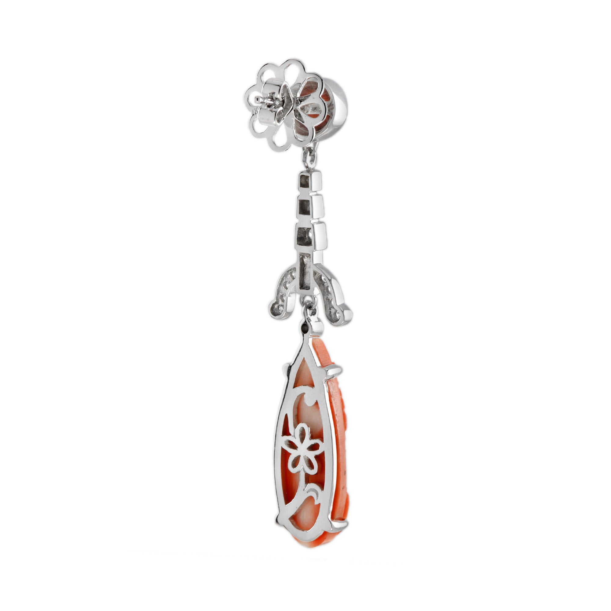 Carved Coral Diamond Emerald & Black Enamel Dangle Art Deco Inspired Earrings