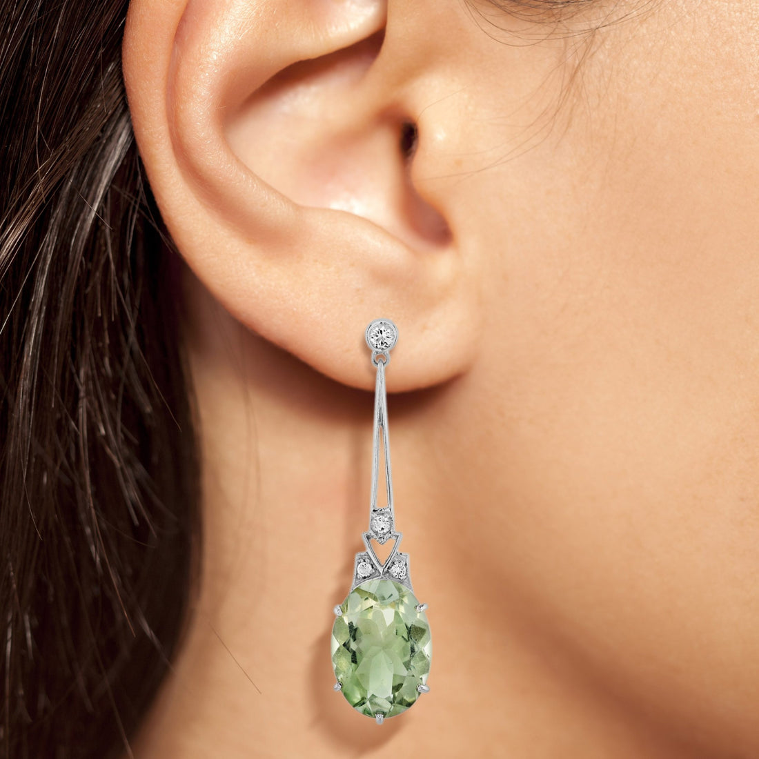 Oval Shape Prasiolite Green Amethyst & White Topaz Drop 14K White Gold Earrings