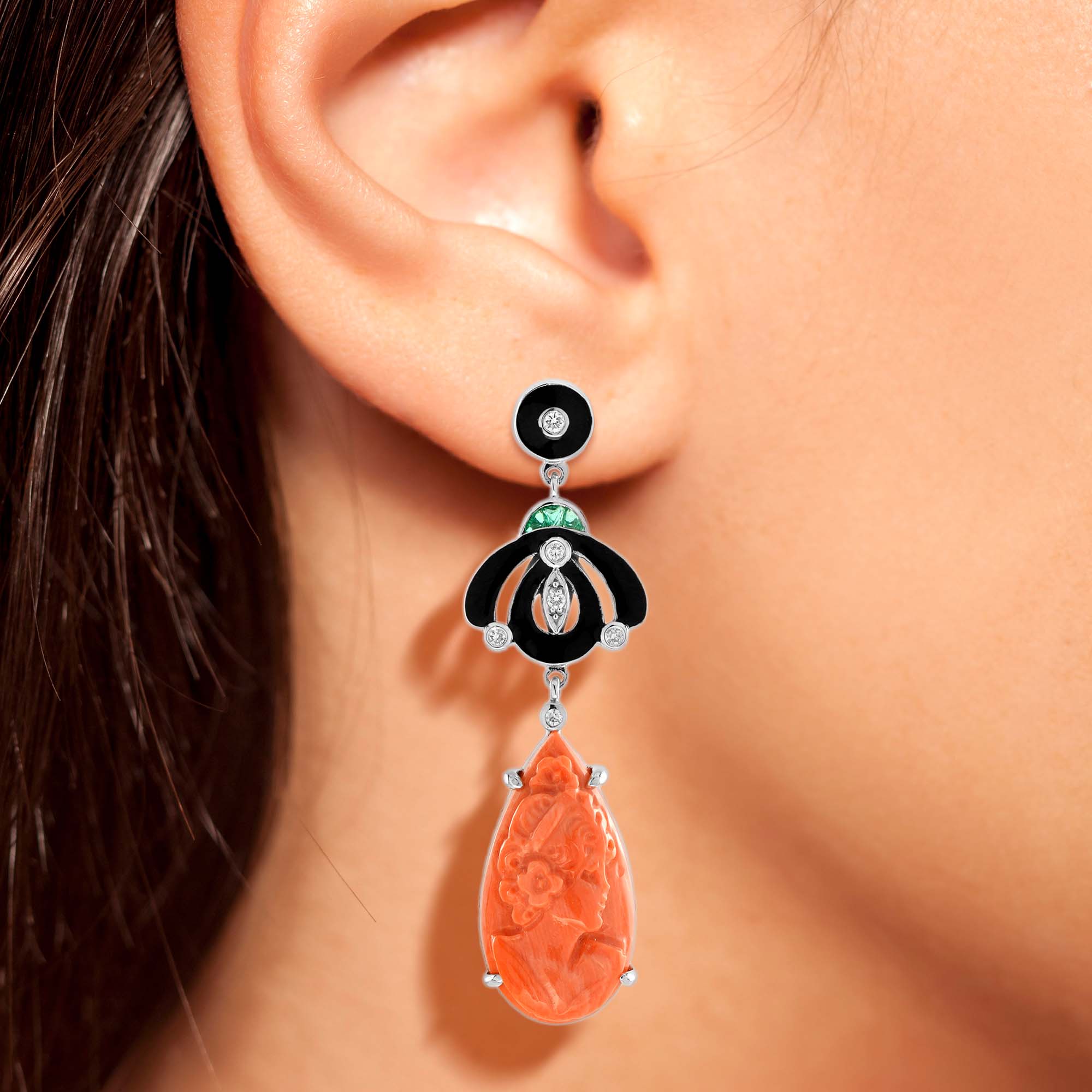 Carved Coral Diamond Emerald & Black Enamel Dangle Art Deco Inspired Earrings