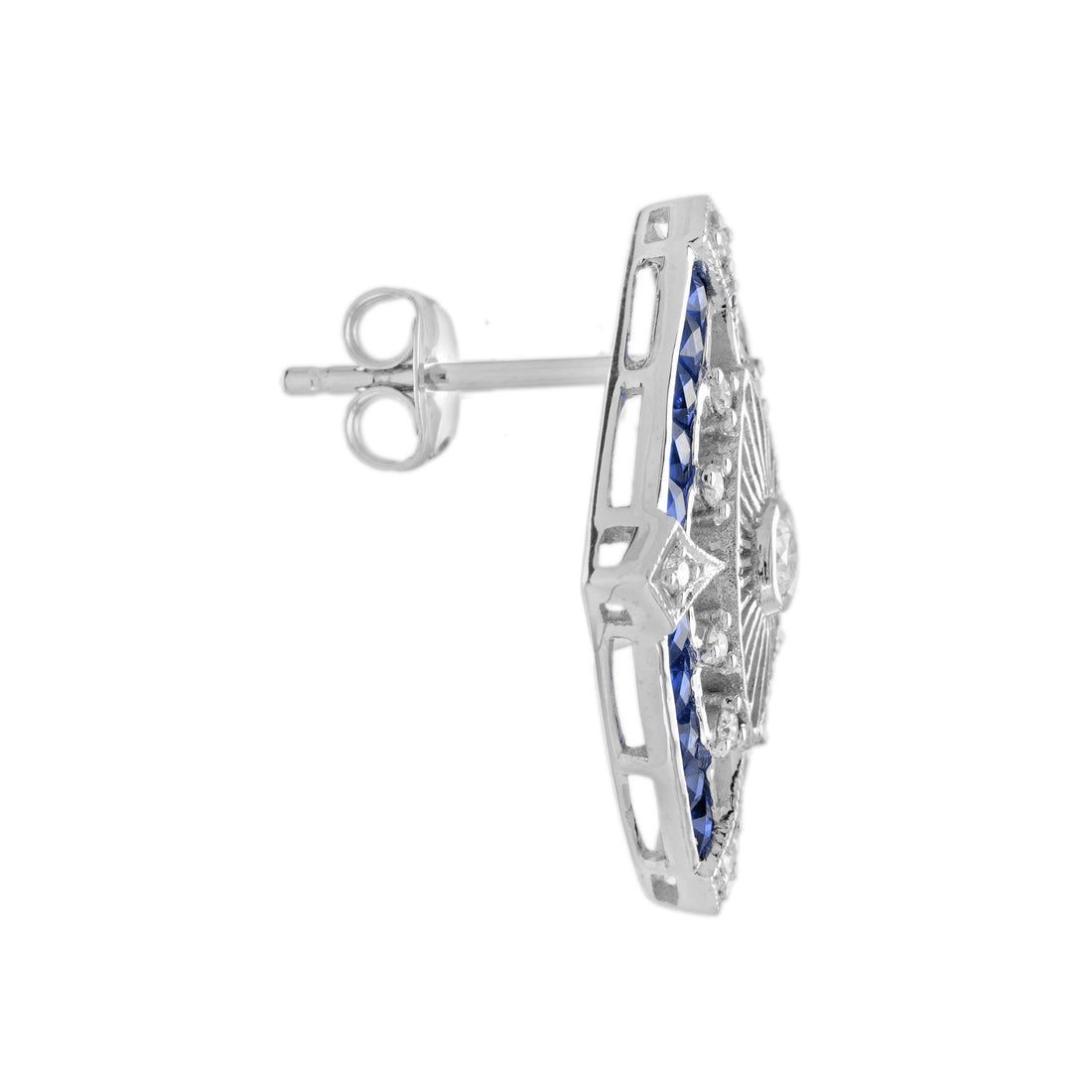 Diamond & Blue Sapphire Vintage Inspired Art Deco Style Stud White Gold Earrings