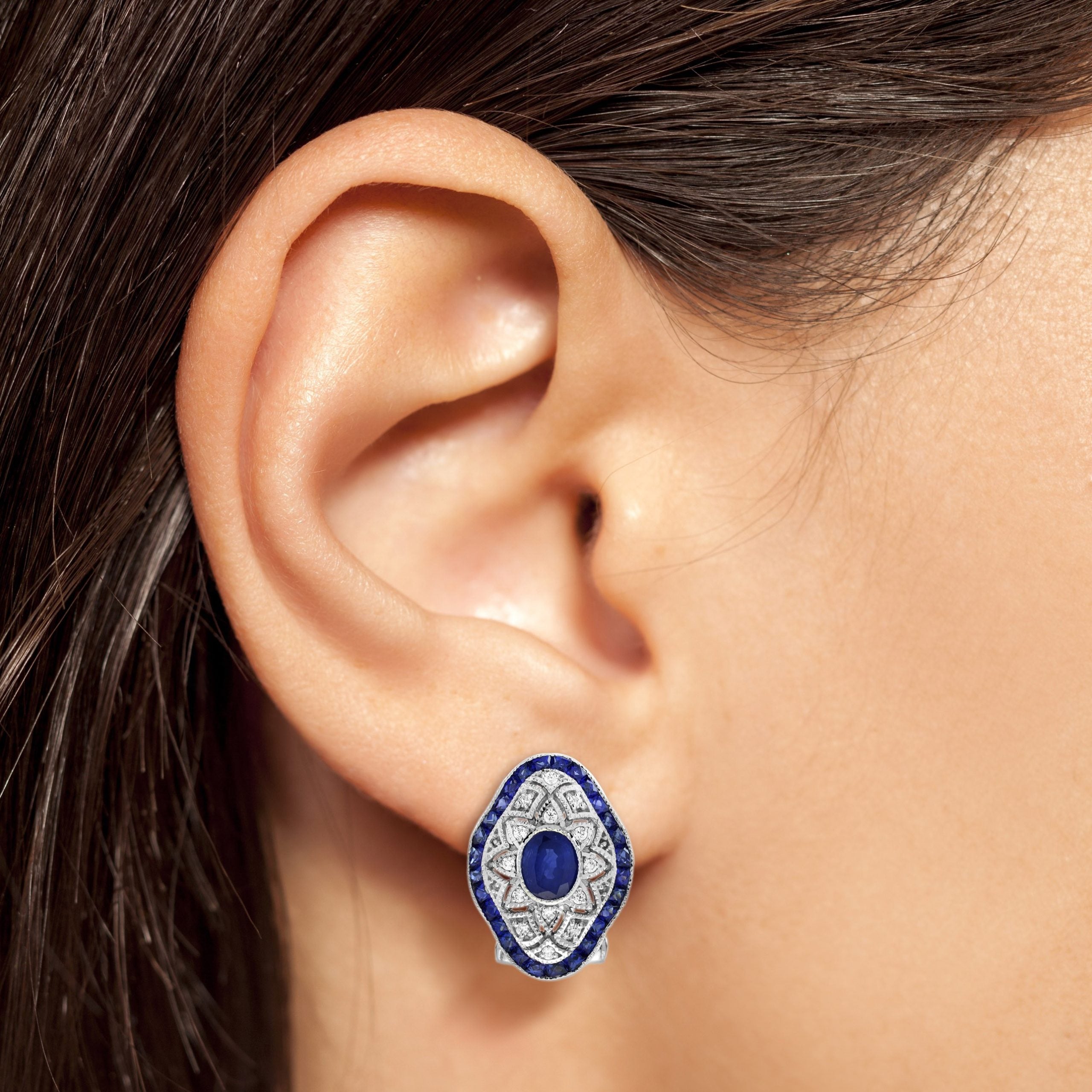Blue Sapphire Diamond Art Deco Style Openwork Ring & Earrings Jewelry Gold Set