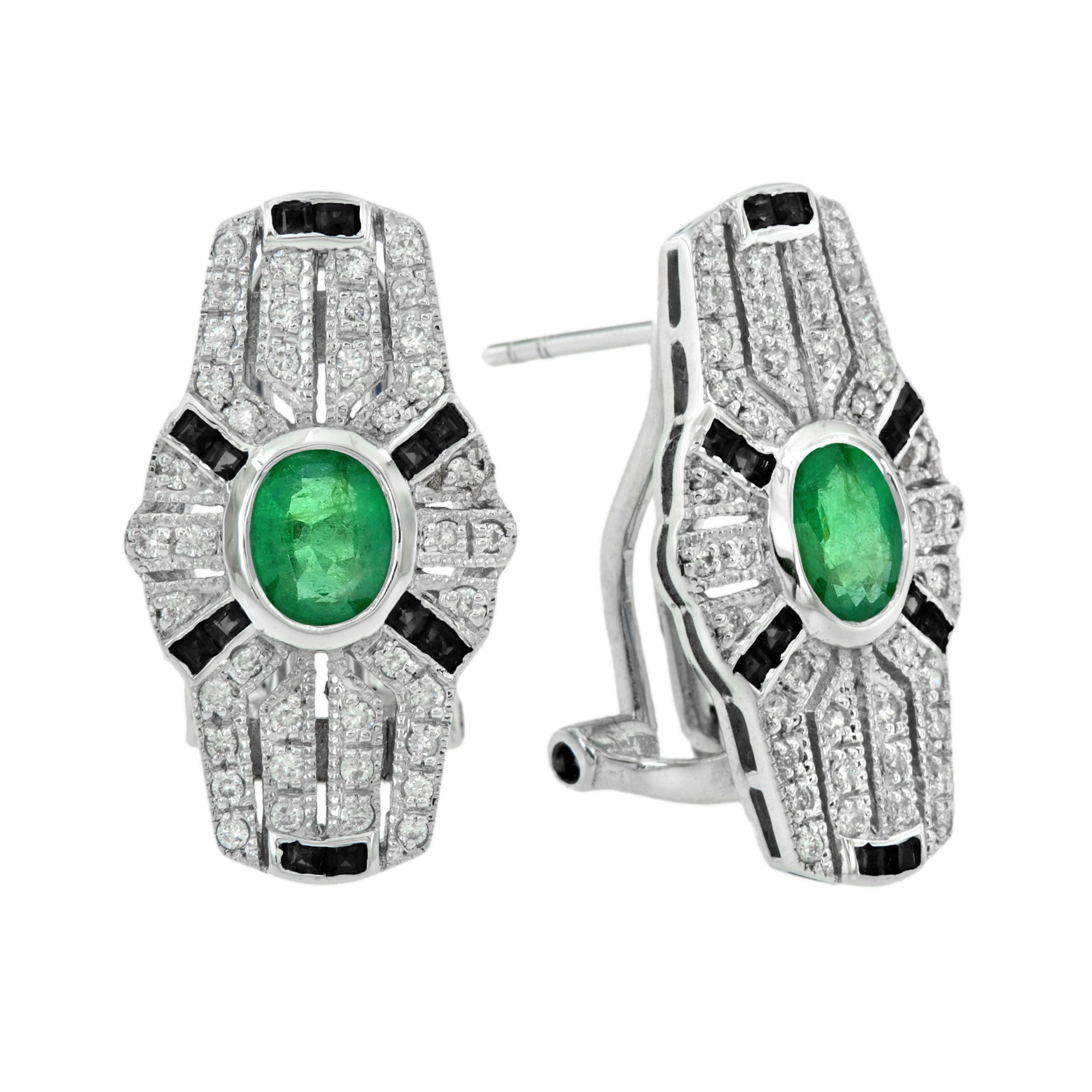 Art Deco Style Emerald & Onyx and Diamond Shield Shape 14K White Gold Earrings