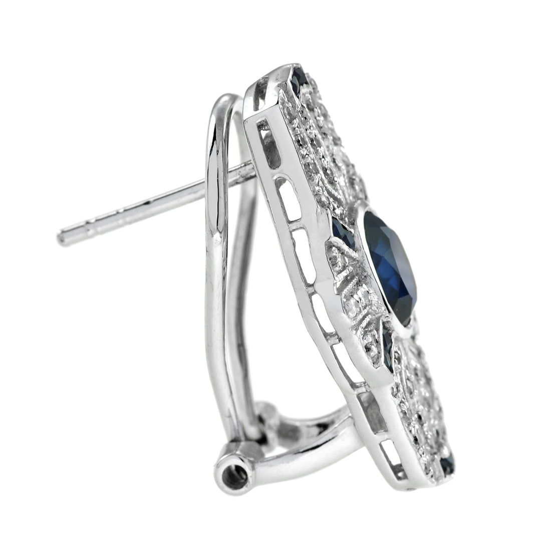 Oval Cut Blue Sapphire & Diamond Art Deco Style Omega 14K White Gold Earrings