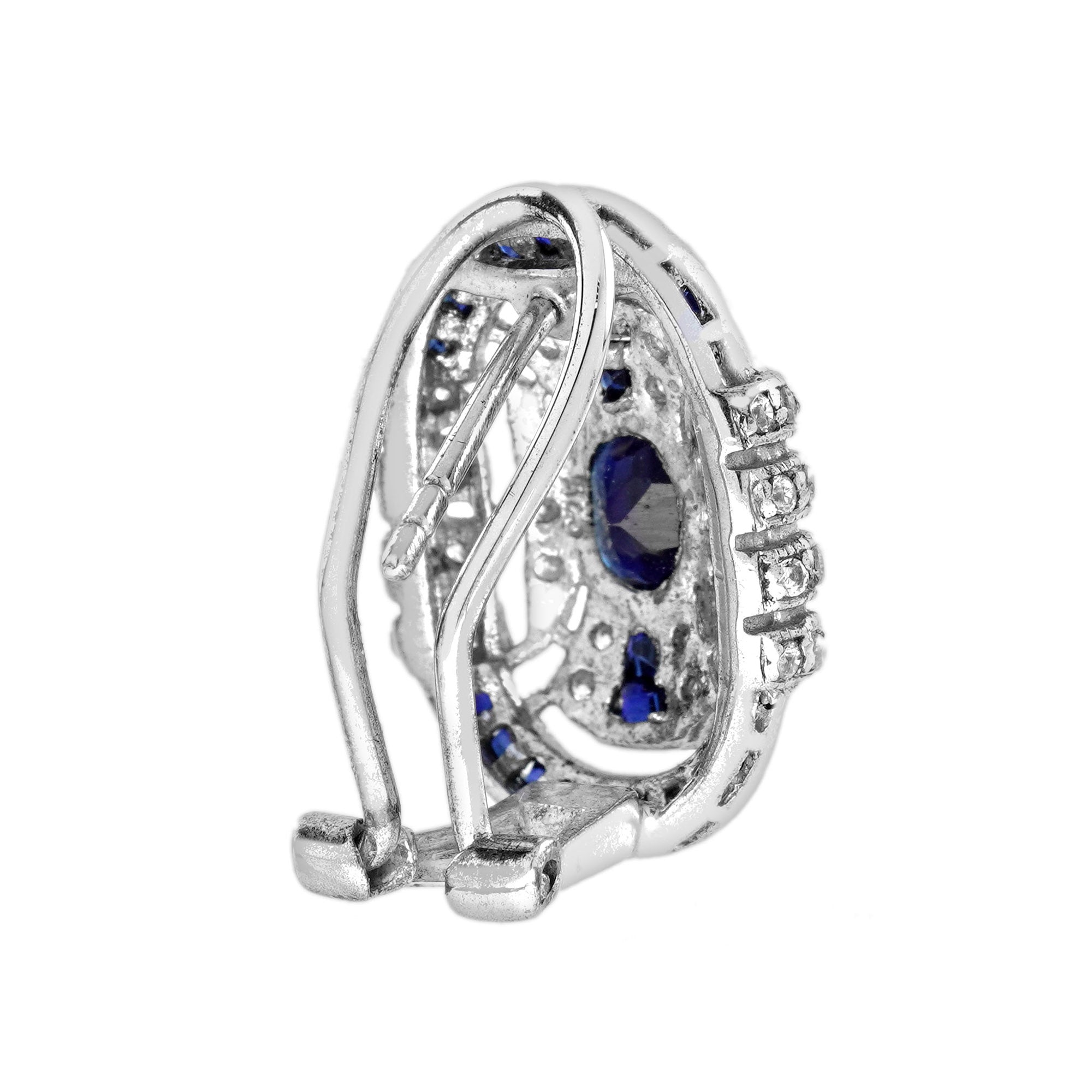 Blue Sapphire & Diamond Art Deco Style Omega 14K White Gold Earrings