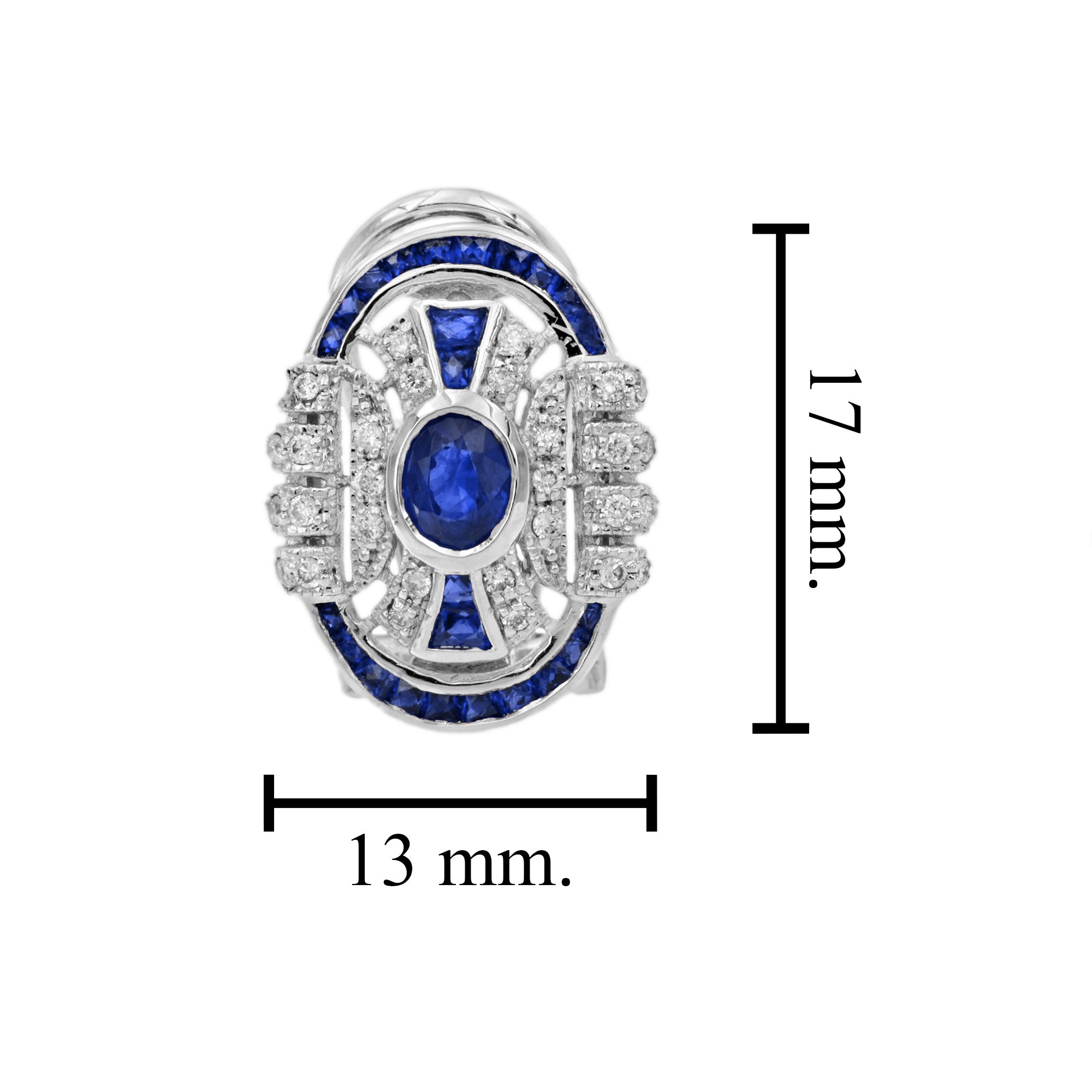 Blue Sapphire & Diamond Art Deco Style Omega 14K White Gold Earrings