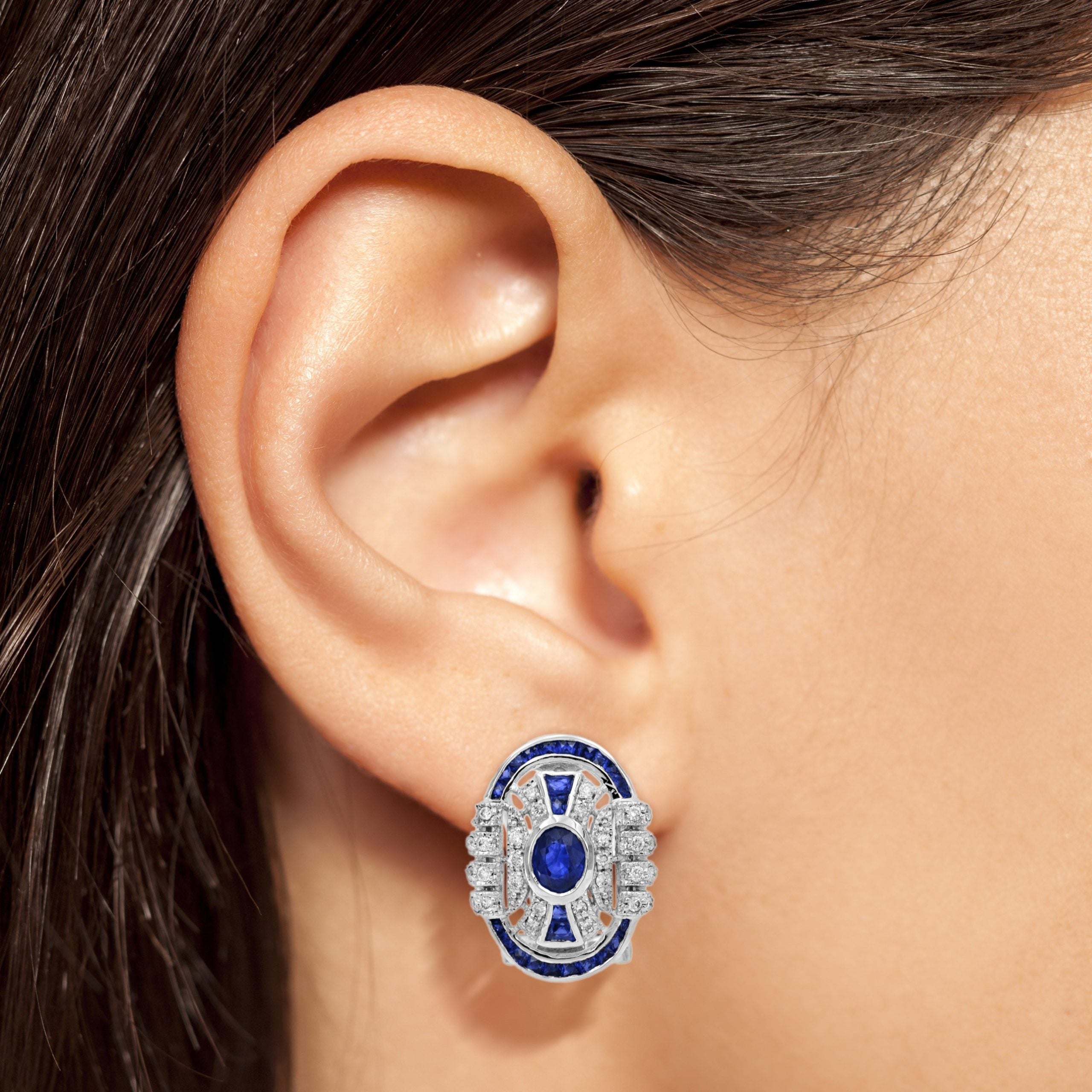 Blue Sapphire & Diamond Art Deco Style Omega 14K White Gold Earrings