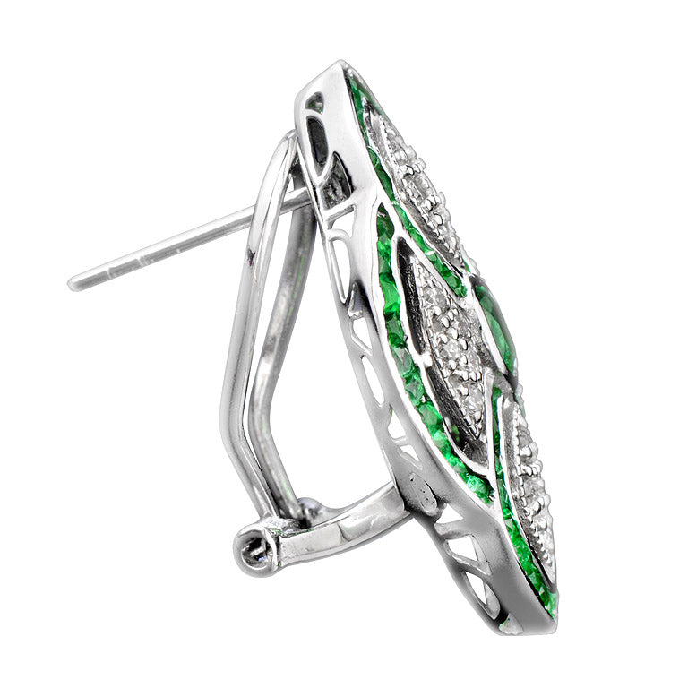 Green Emerald & Diamond Curve Art Deco Inspired Omega Back White Gold Earrings
