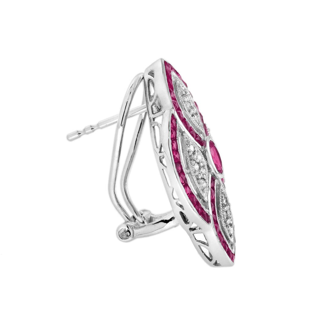 Ruby & Diamond Art Deco Style Lever Back 18K White Gold Earrings