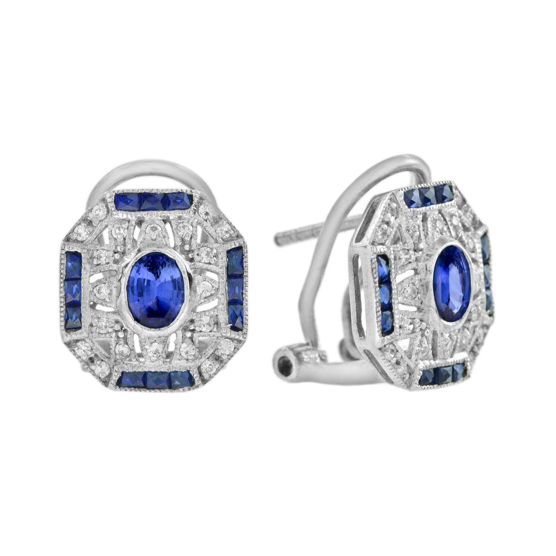 Blue Sapphire & Diamond Art Deco Style Ring Earrings White Gold Jewelry Set