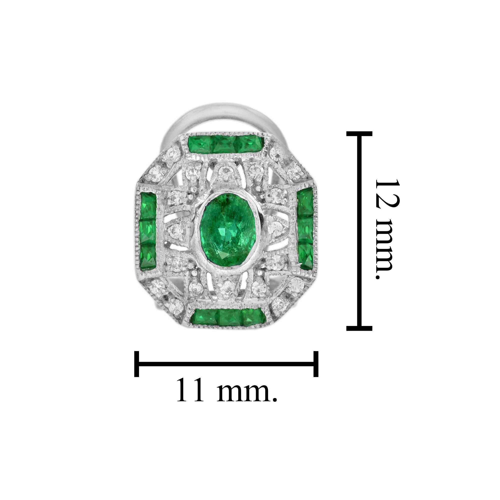 Green Emerald & Diamond Edwardian Style Omega 14K White Gold Earrings