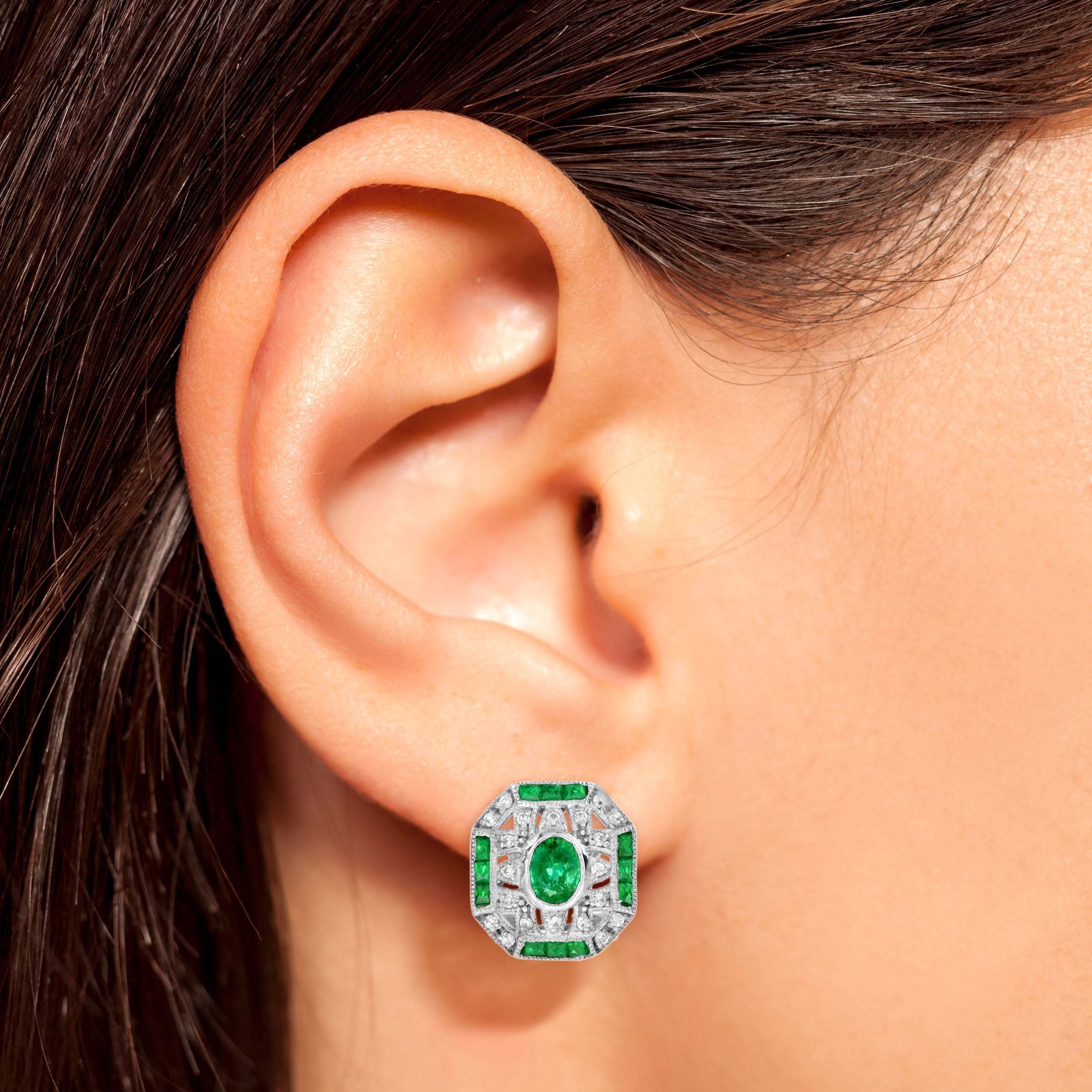 Green Emerald & Diamond Edwardian Style Omega 14K White Gold Earrings