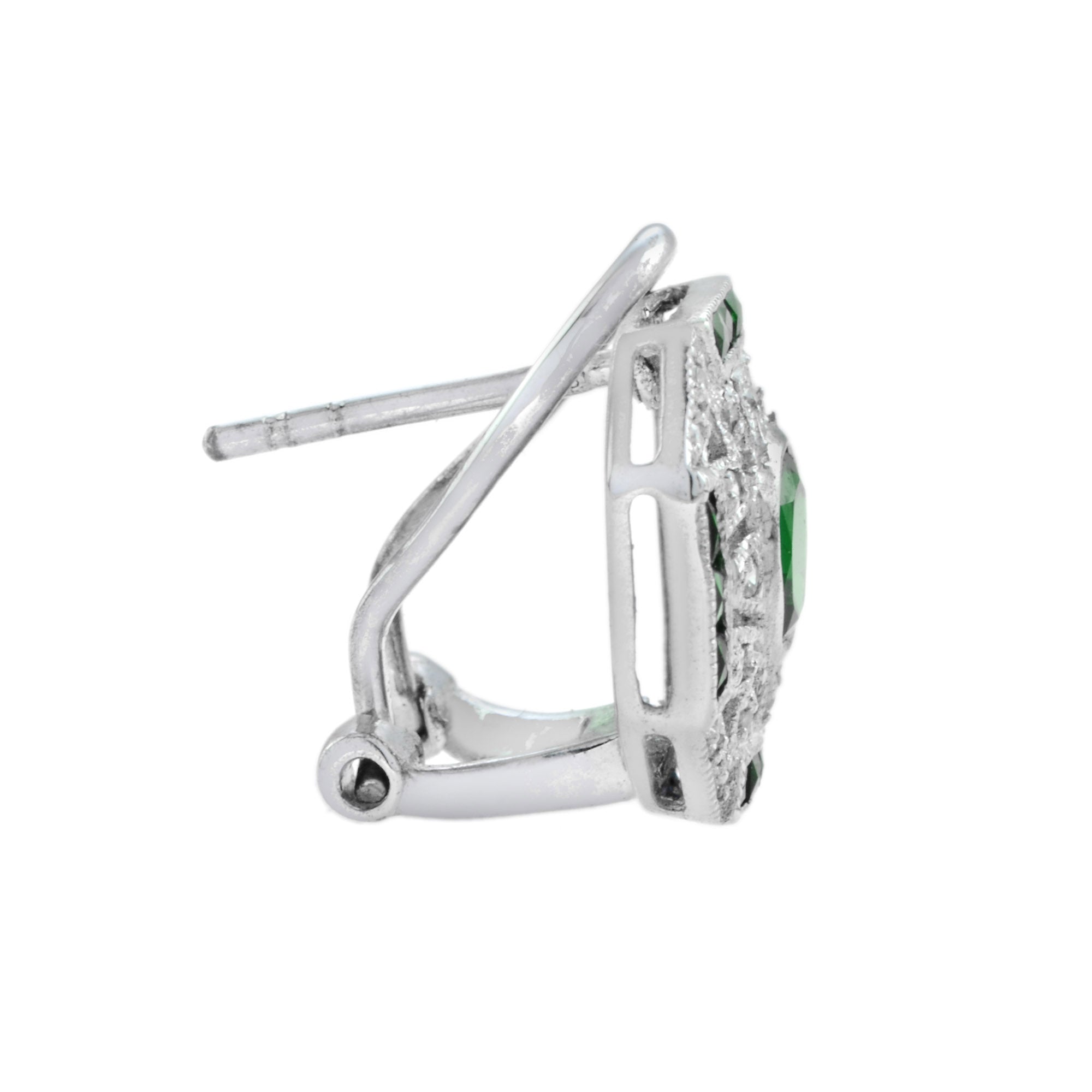 Green Emerald & Diamond Edwardian Style Omega 14K White Gold Earrings