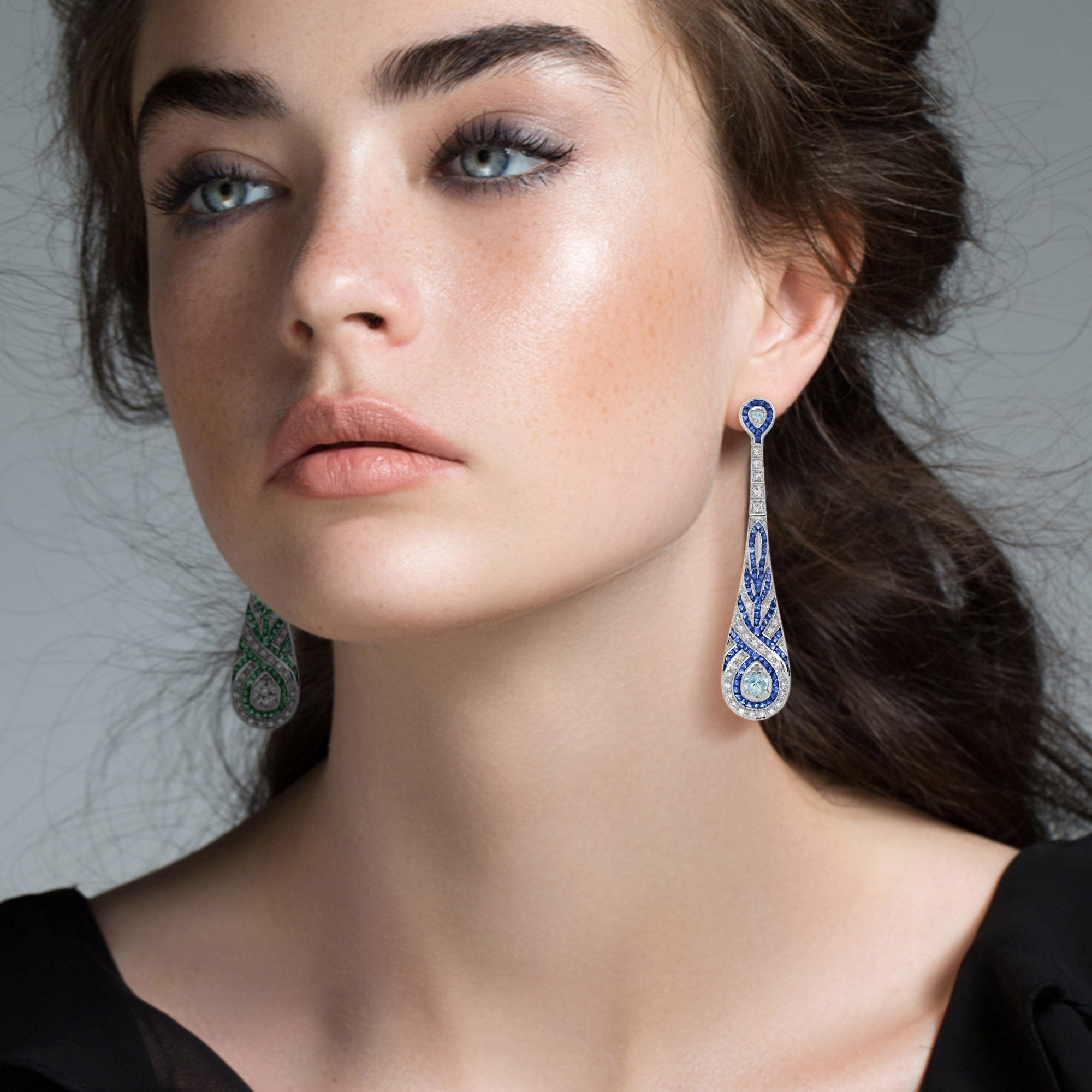Blue Aquamarine Sapphire Diamond Swirl Art Deco Style Dangle White Gold Earrings