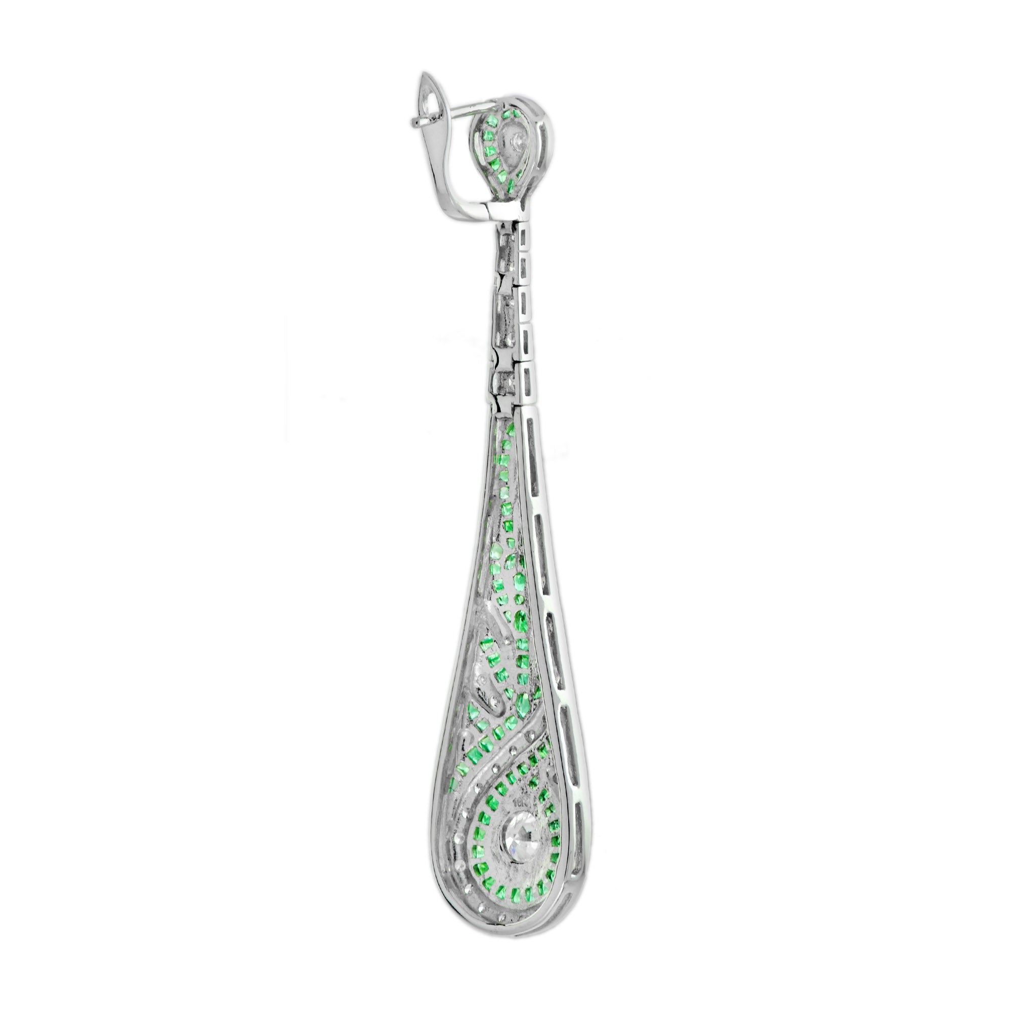 Diamond & Green Emerald Swirl Art Deco Style Dangle Drop 14K White Gold Earrings