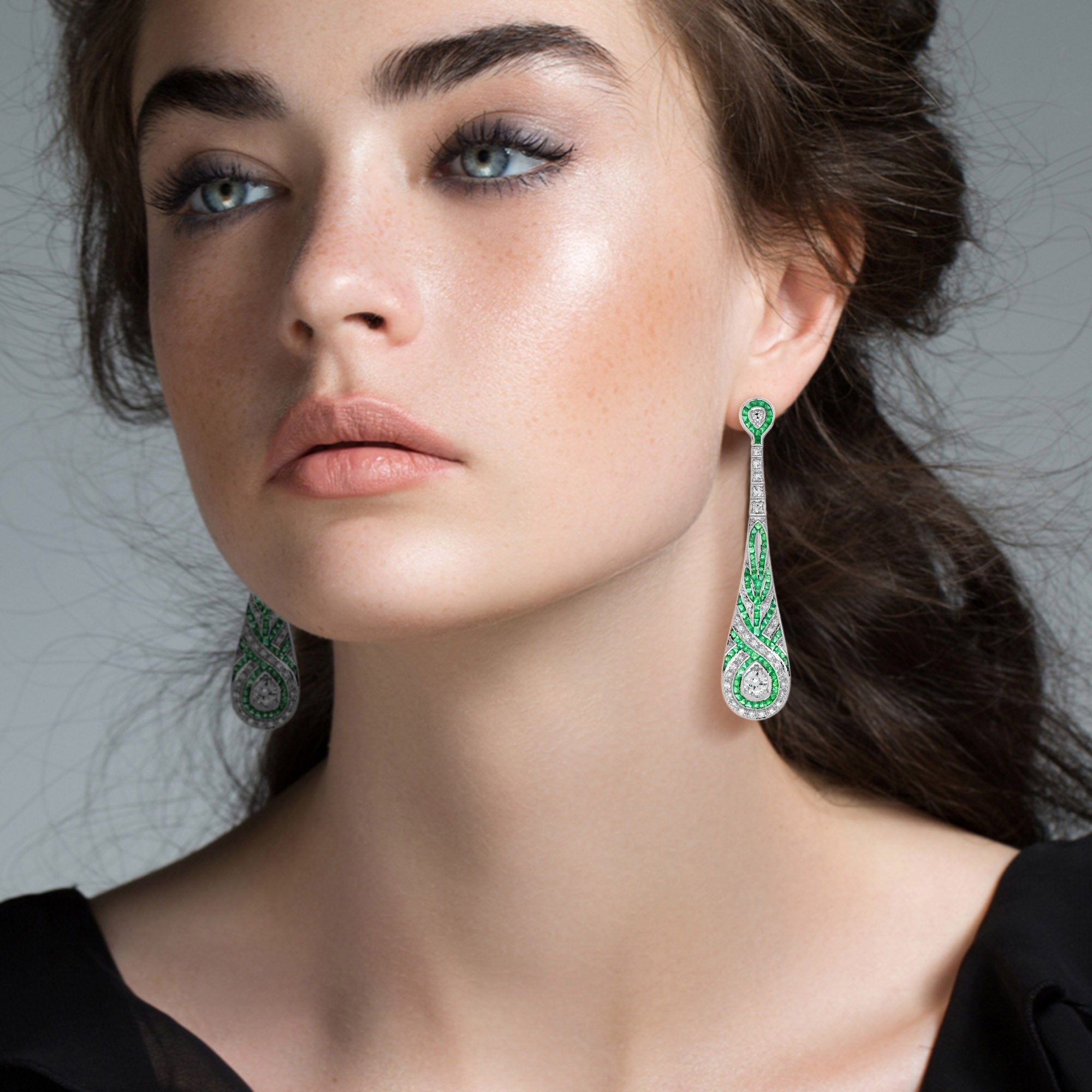 Diamond & Green Emerald Swirl Art Deco Style Dangle Drop 14K White Gold Earrings