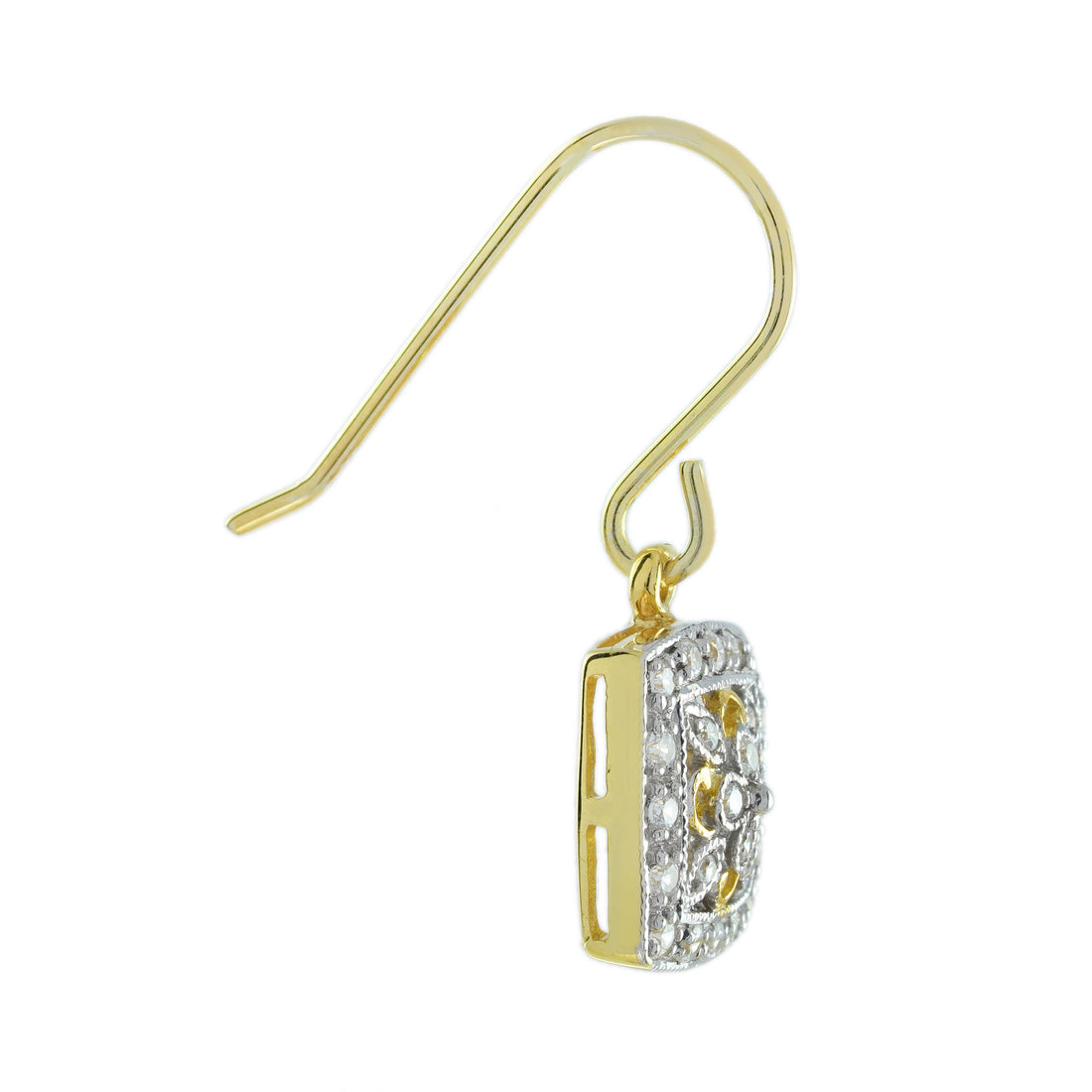 Diamond Vintage Style Floral Cluster Square Drop Two Tone 14K Gold Earrings