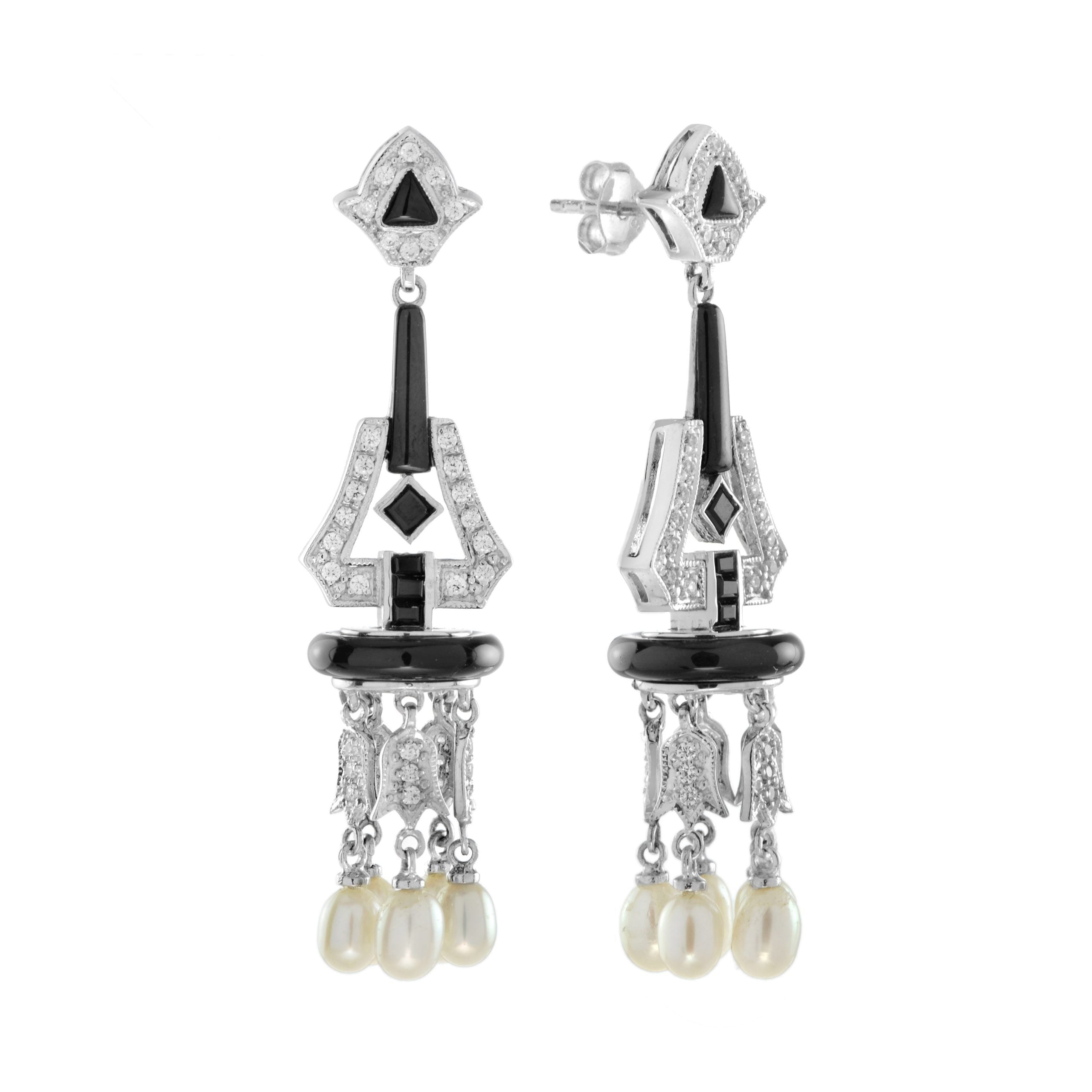Black Onyx & Diamond and Pearl Art Deco Style Chandelier White Gold Earrings