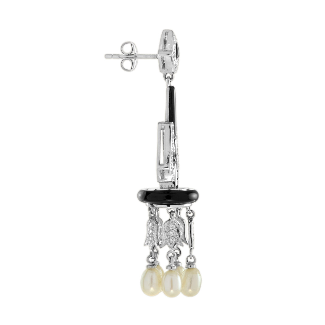 Black Onyx & Diamond and Pearl Art Deco Style Chandelier White Gold Earrings