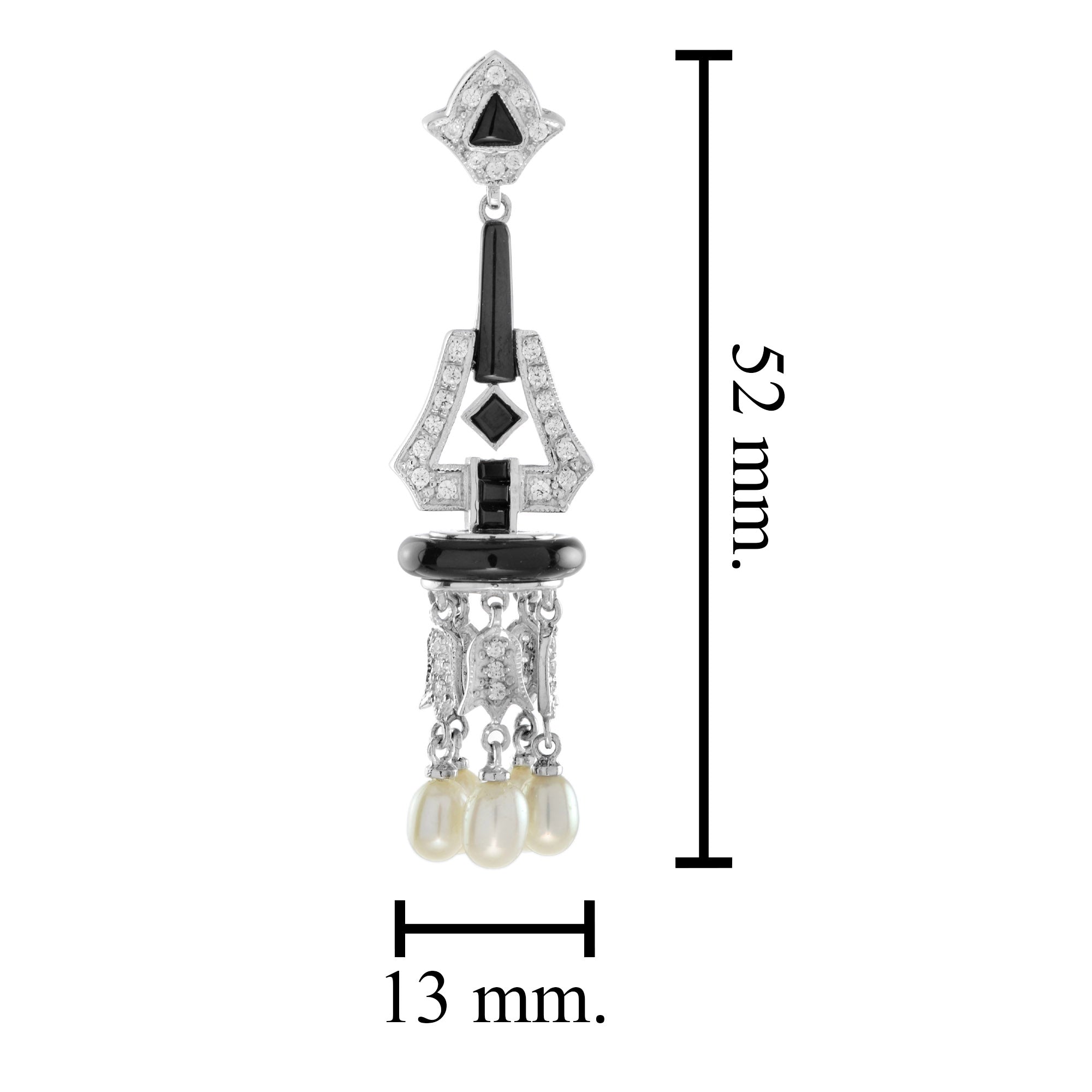 Black Onyx & Diamond and Pearl Art Deco Style Chandelier White Gold Earrings
