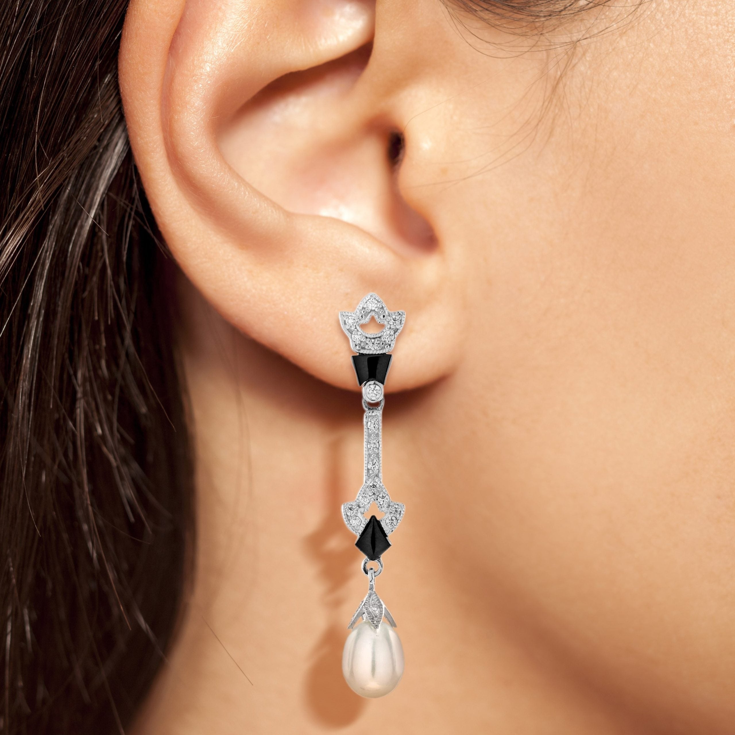 Pearl & Black Onyx Diamond Art Deco Style Drop White Gold Earrings