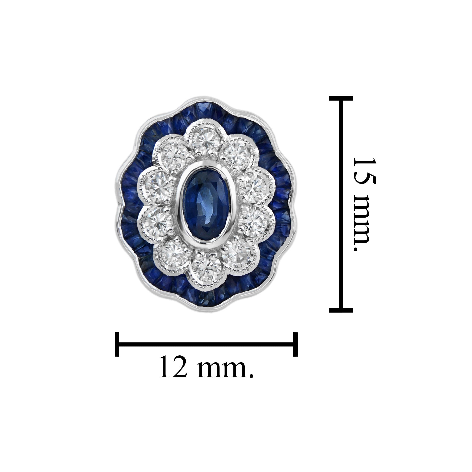 Blue Sapphire & Diamond Halo Art Deco Style Oval Floral White Gold Stud Earrings