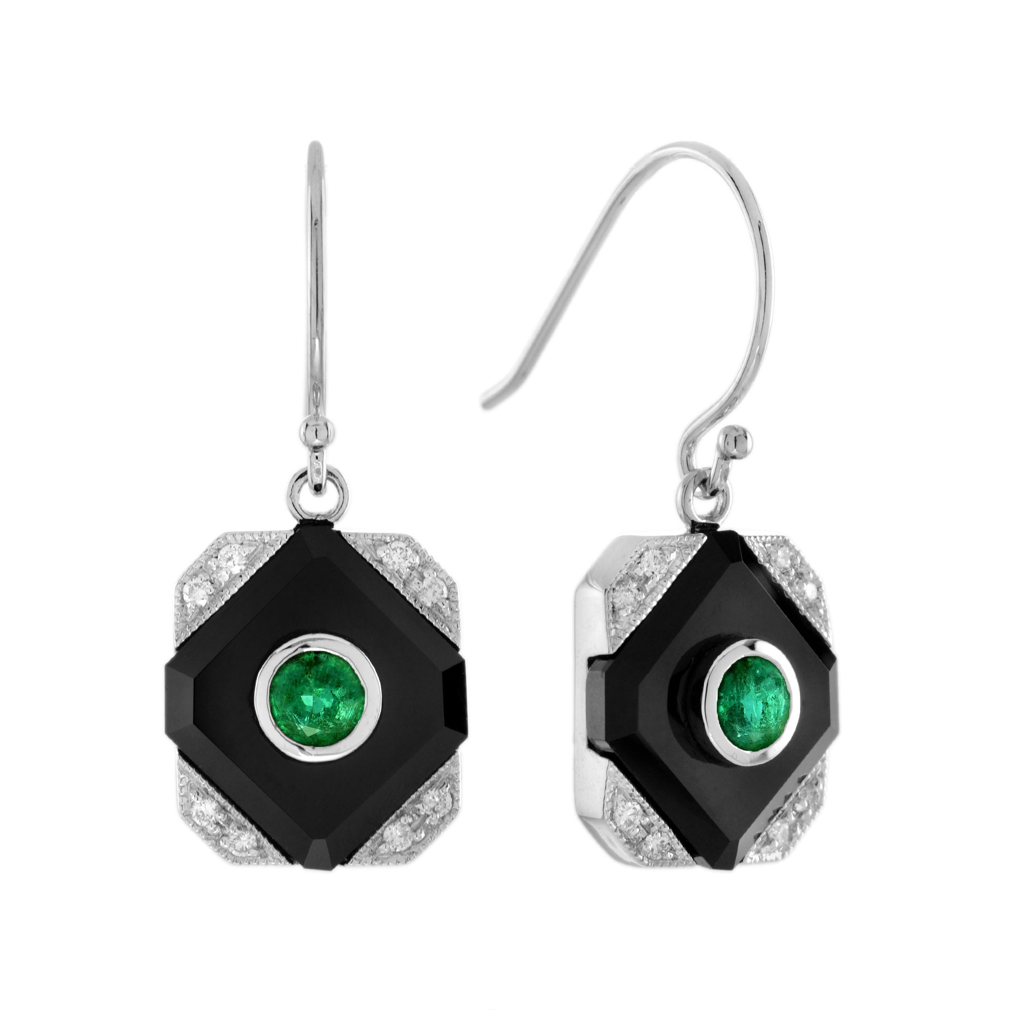 Green Emerald Black Onyx Diamond Art Deco Style Dangle 14K White Gold Earrings