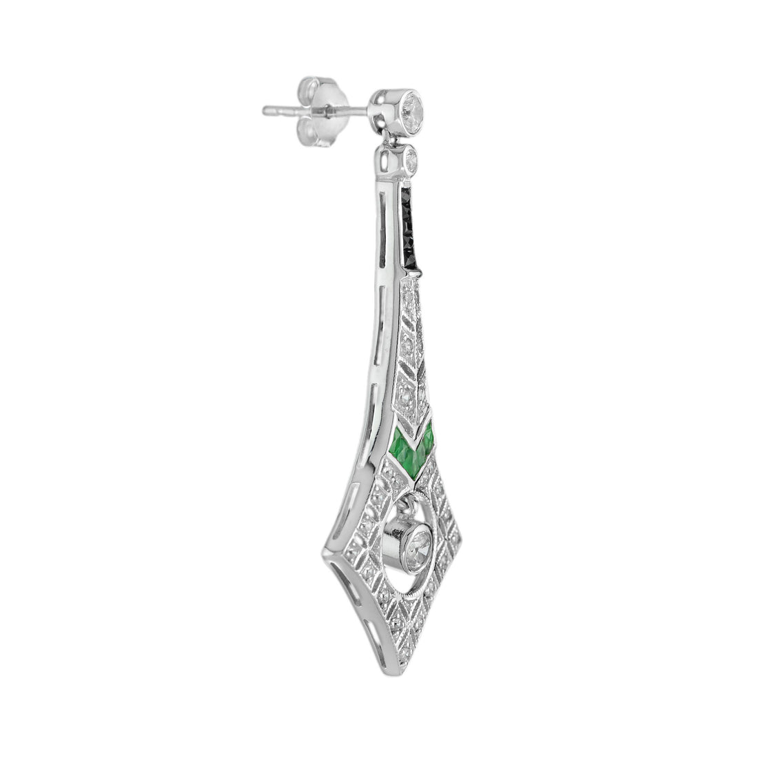 Diamond & Emerald and Onyx Art Deco Style Drop 14K White Gold Earrings