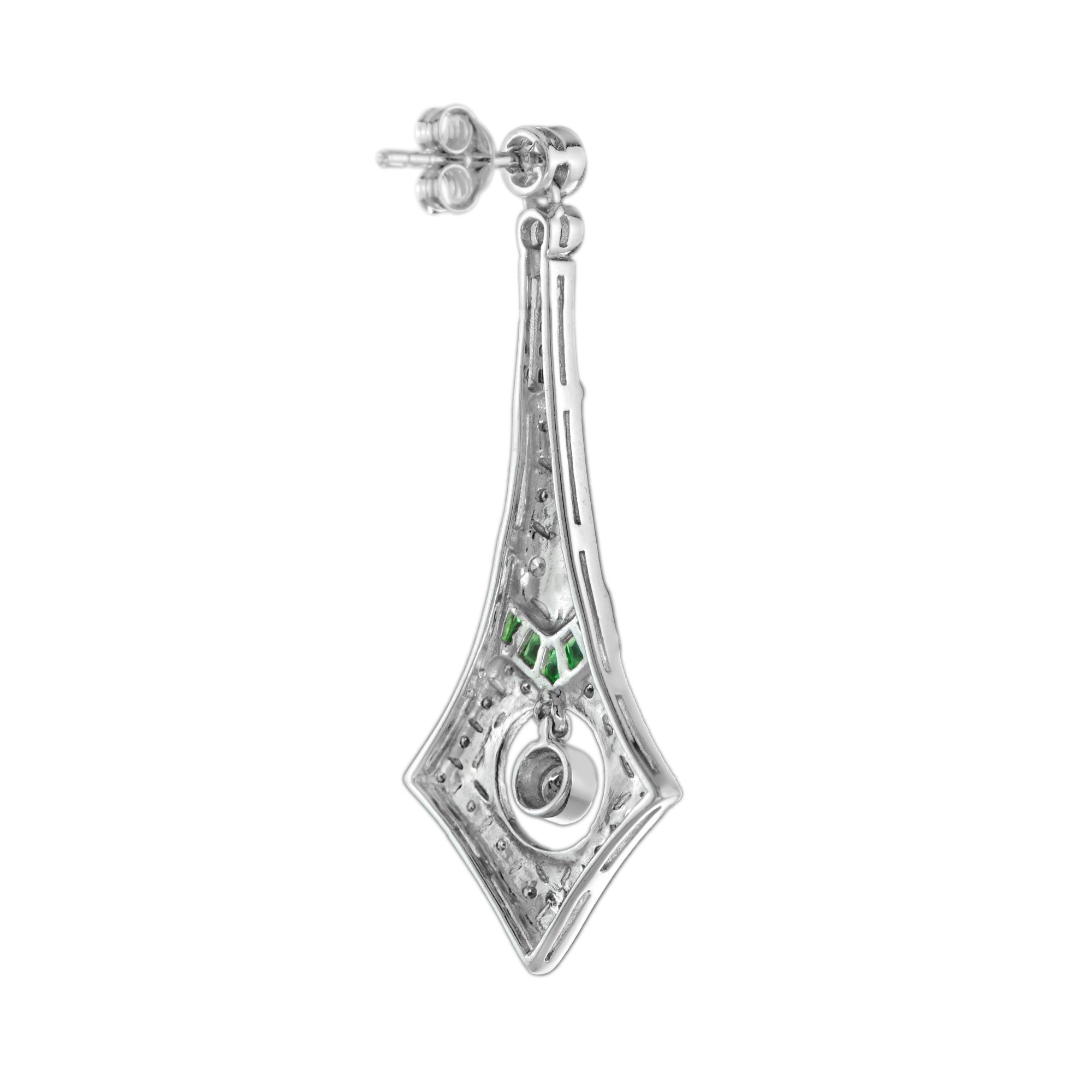 Diamond & Emerald and Onyx Art Deco Style Drop 14K White Gold Earrings