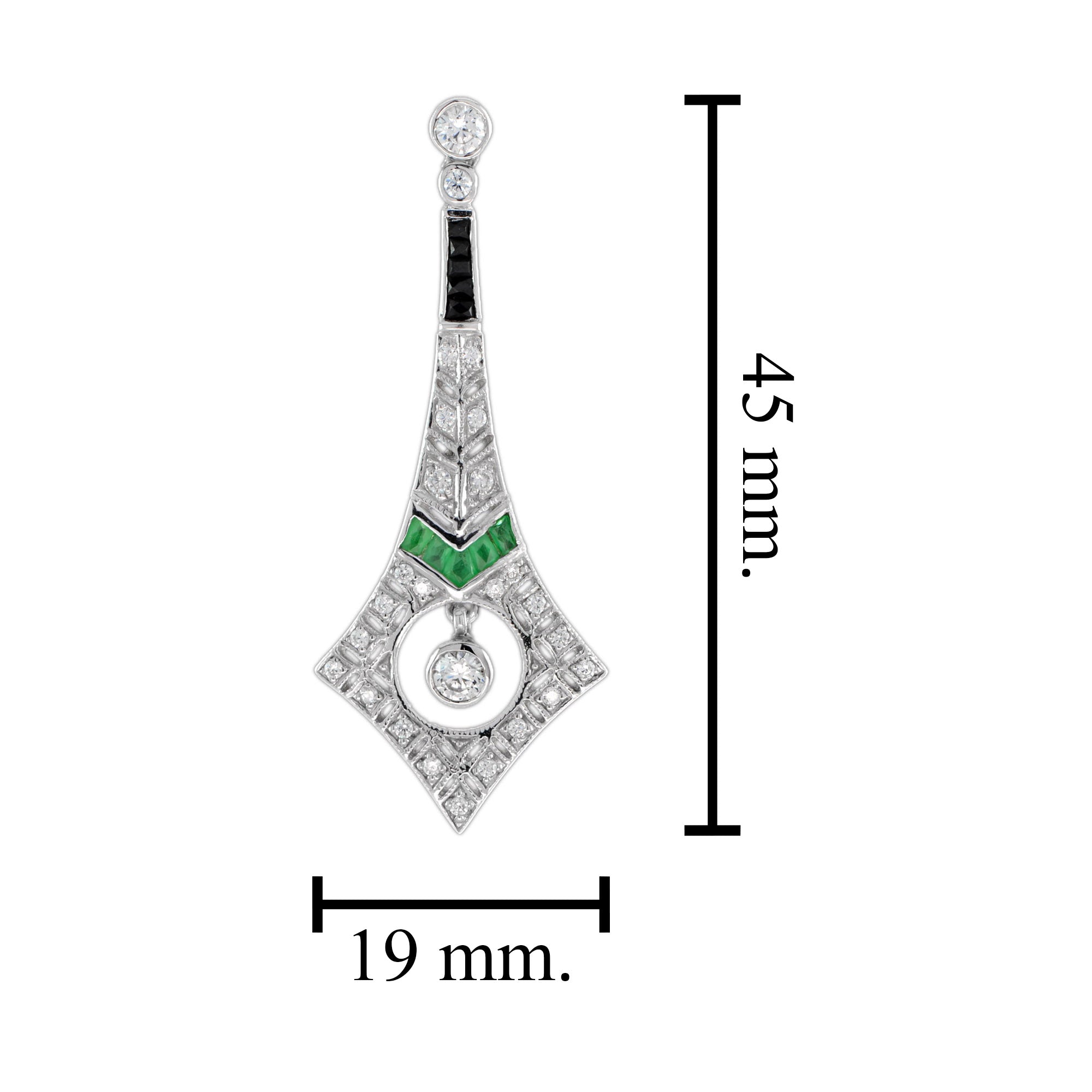 Diamond & Emerald and Onyx Art Deco Style Drop 14K White Gold Earrings