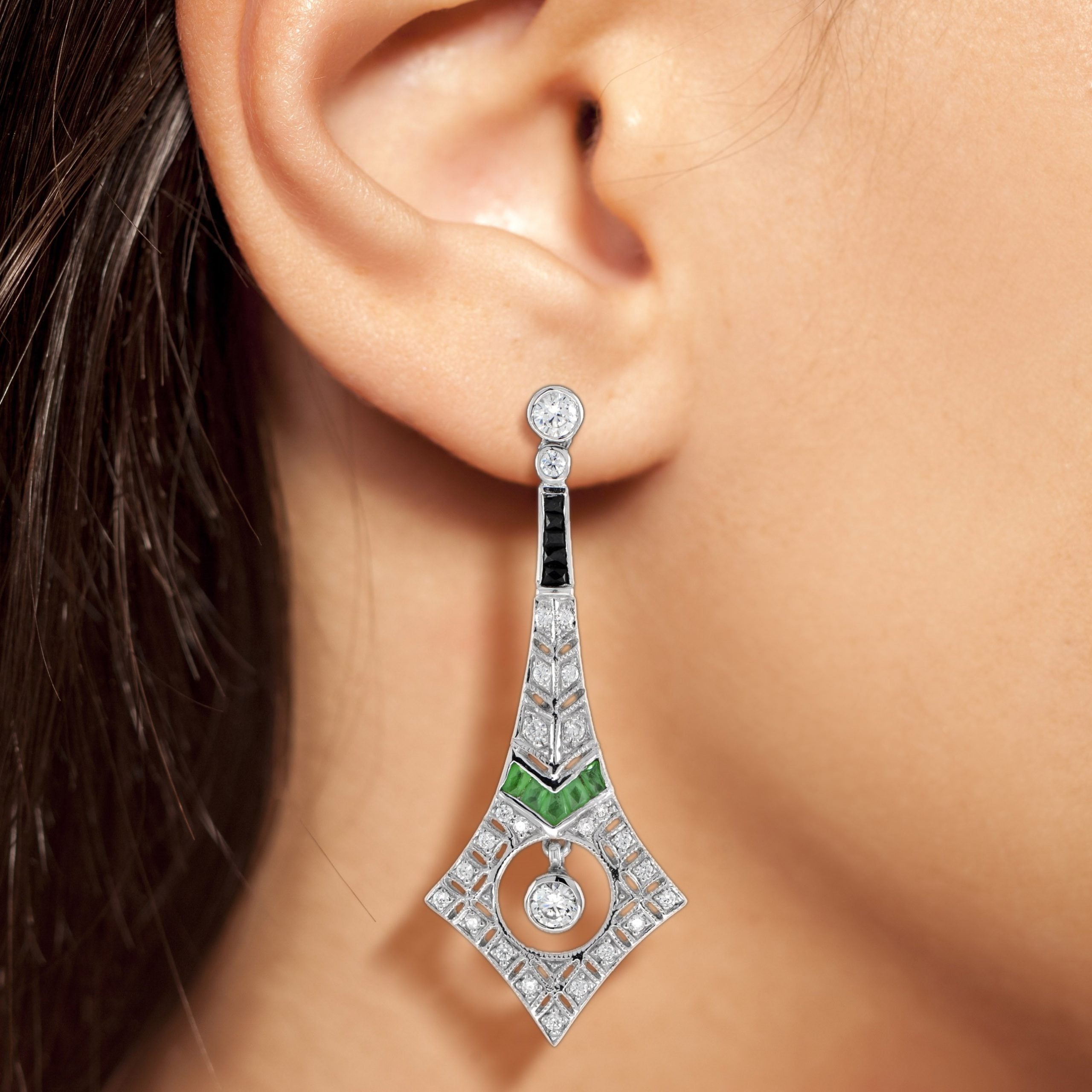 Diamond & Emerald and Onyx Art Deco Style Drop 14K White Gold Earrings