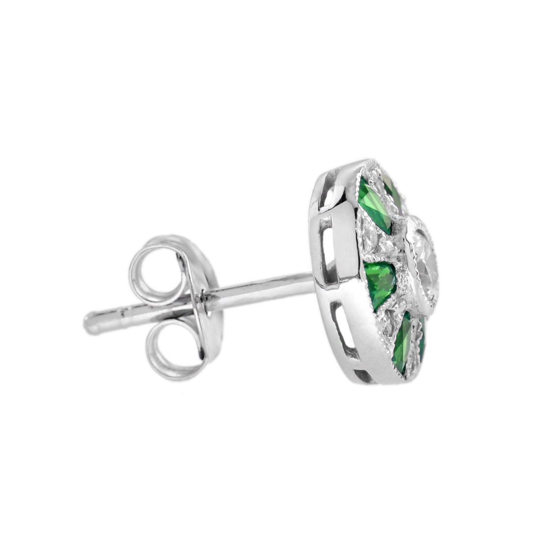 Ferris Wheel Diamond French Cut Emerald Art Deco Style Stud White Gold Earrings