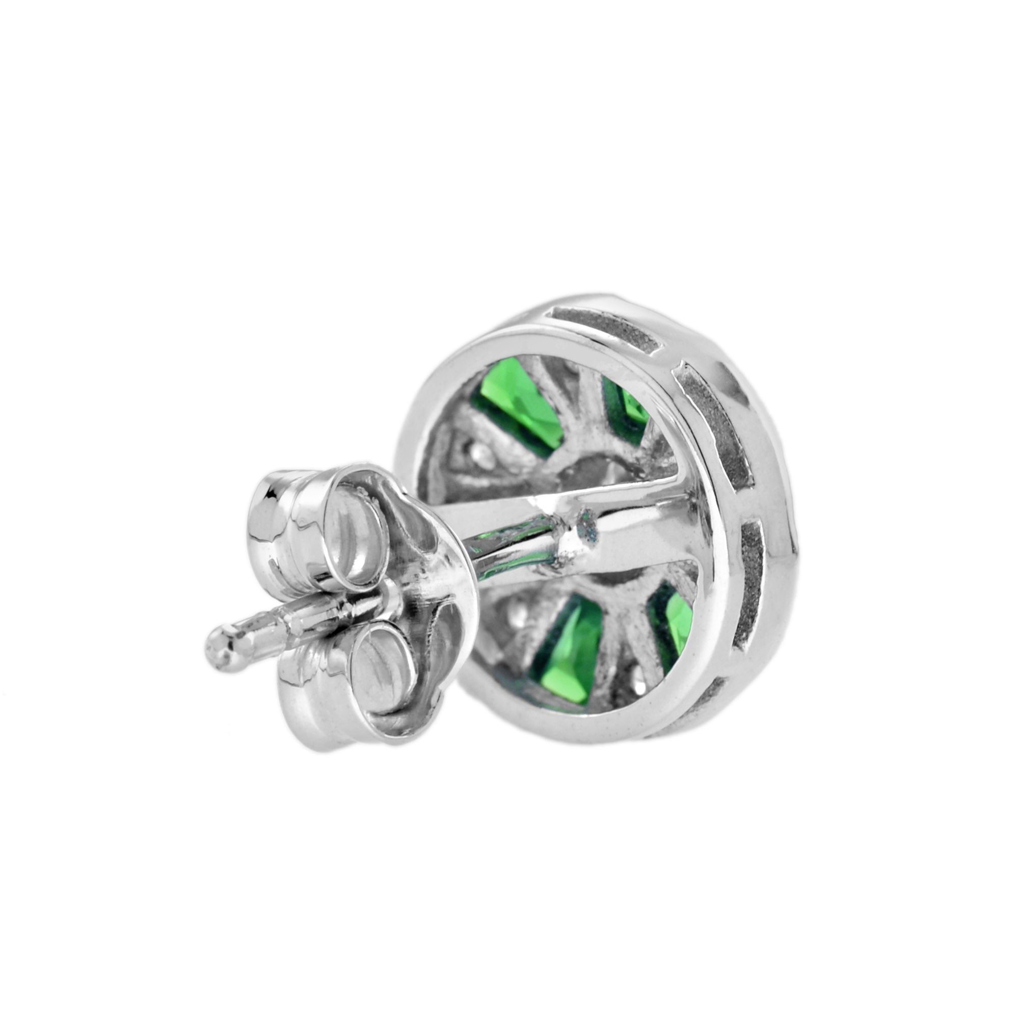 Ferris Wheel Diamond French Cut Emerald Art Deco Style Stud White Gold Earrings