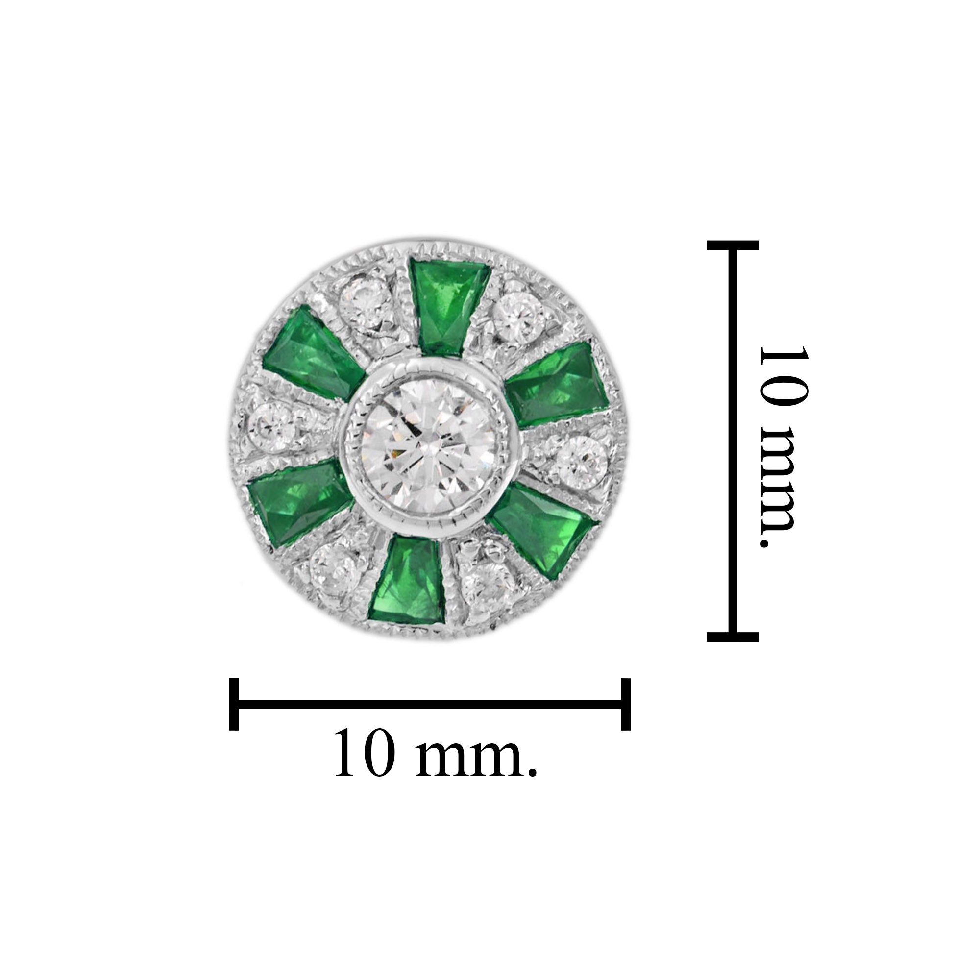 Ferris Wheel Diamond French Cut Emerald Art Deco Style Stud White Gold Earrings