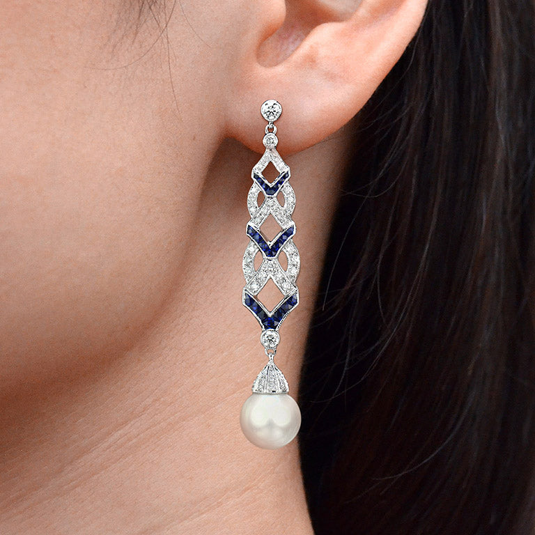 White South Sea Pearl with Blue Sapphire & Diamond Drop 18K White Gold Earrings