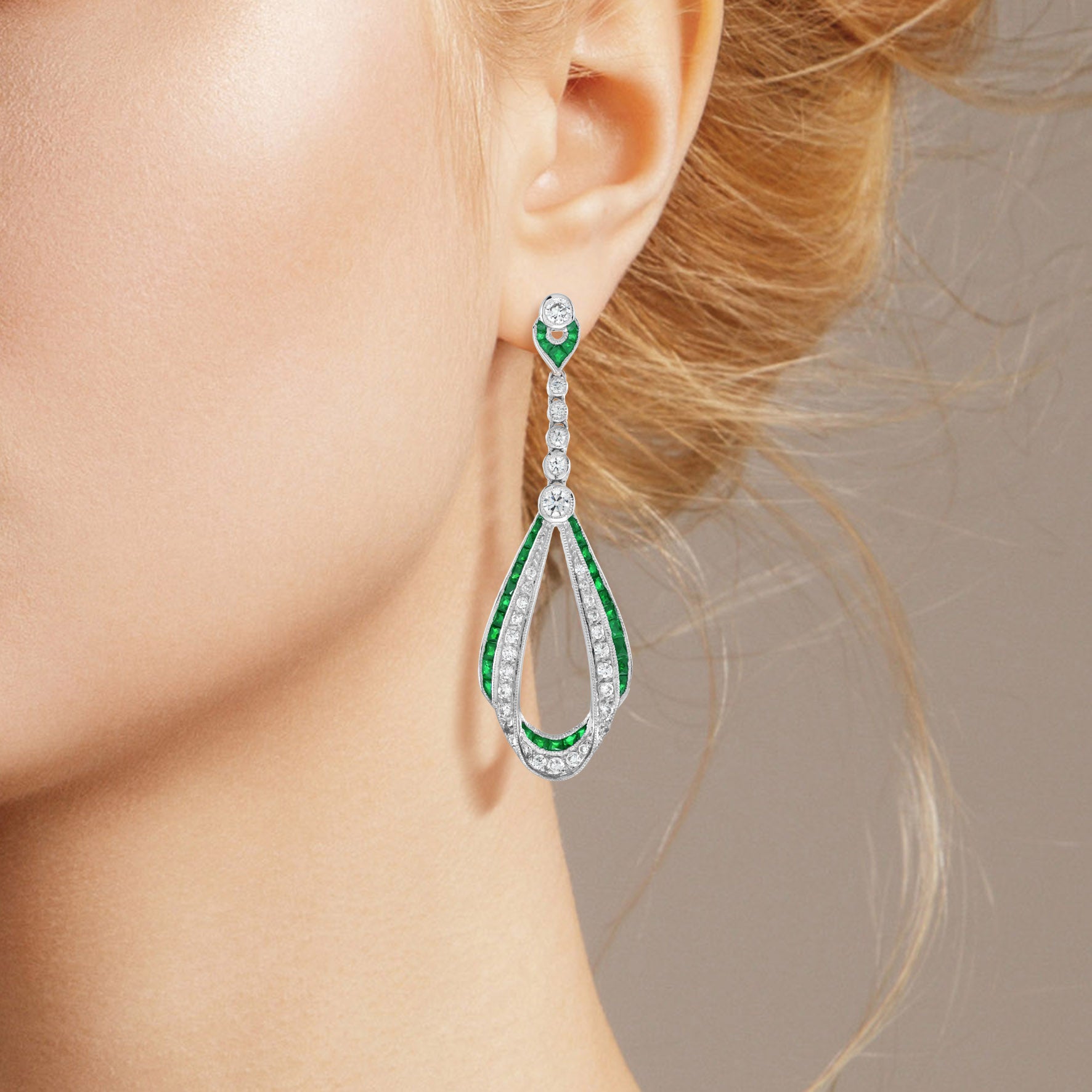 Emerald & Diamond Art Deco Style Ribbon Drop 14K White Gold Earrings