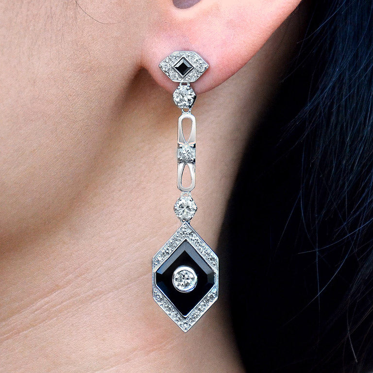 Rhombus Shape Diamond & Onyx Art Deco Style Drop 14K White Gold Earrings