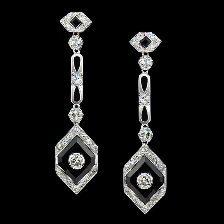 Rhombus Shape Diamond & Onyx Art Deco Style Drop 14K White Gold Earrings